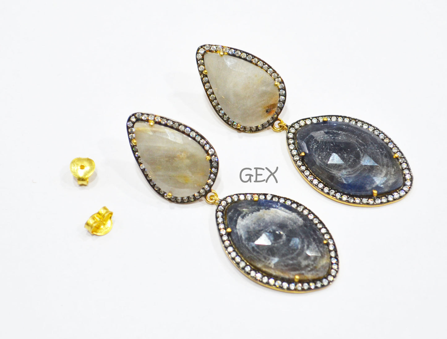 92.5 Sterling Silver Shaded Blue And White Sapphire Faceted Fancy Shape Earring , Shaded Blue And White Sapphire With Pave Cubic Zirconia Earring , 60 mm , E-013