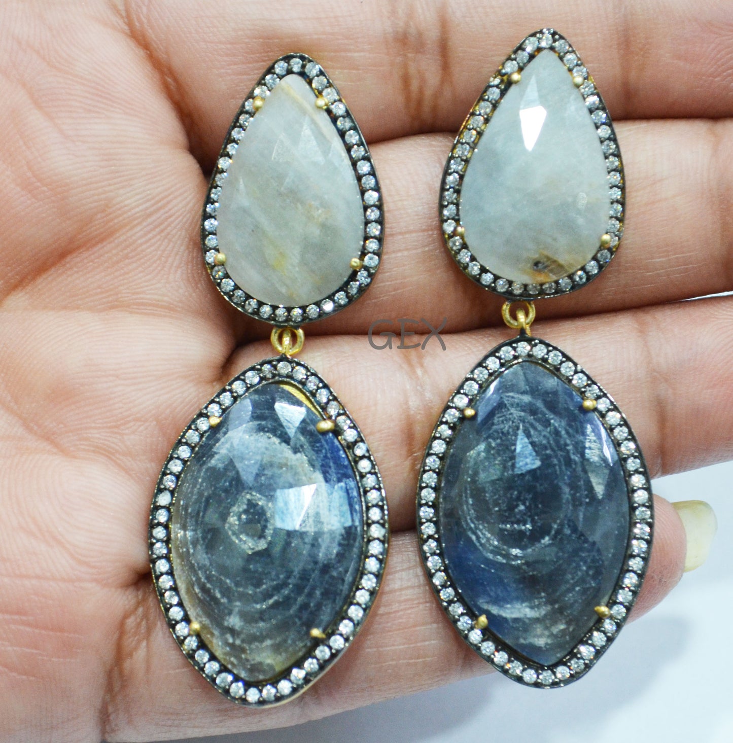 92.5 Sterling Silver Shaded Blue And White Sapphire Faceted Fancy Shape Earring , Shaded Blue And White Sapphire With Pave Cubic Zirconia Earring , 60 mm , E-013