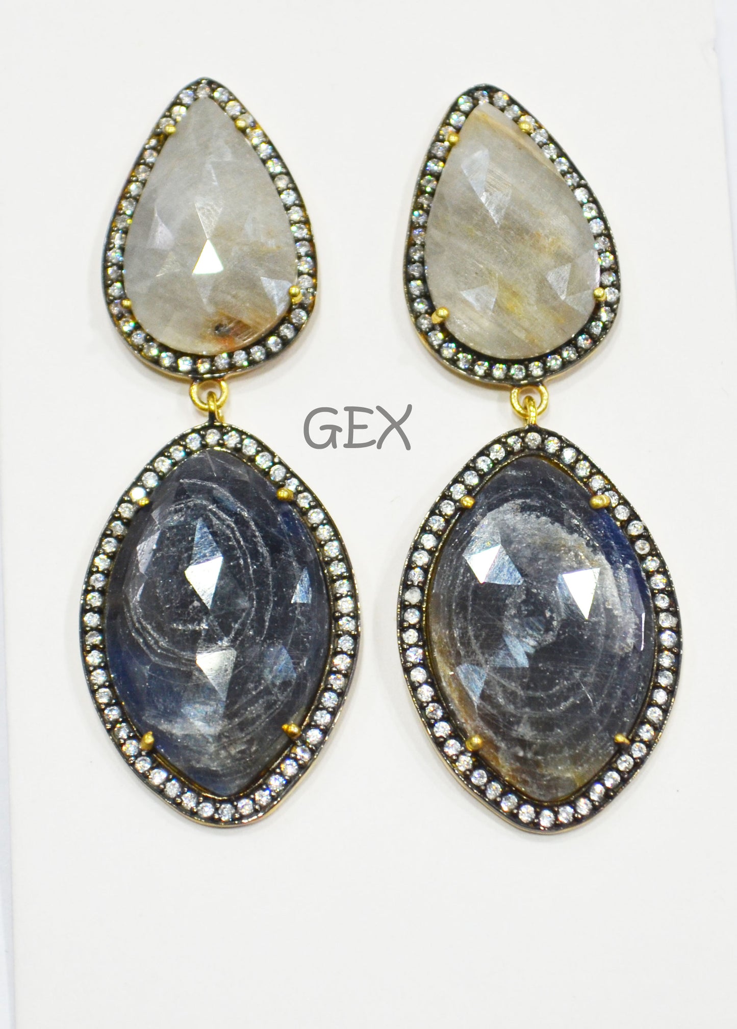 92.5 Sterling Silver Shaded Blue And White Sapphire Faceted Fancy Shape Earring , Shaded Blue And White Sapphire With Pave Cubic Zirconia Earring , 60 mm , E-013