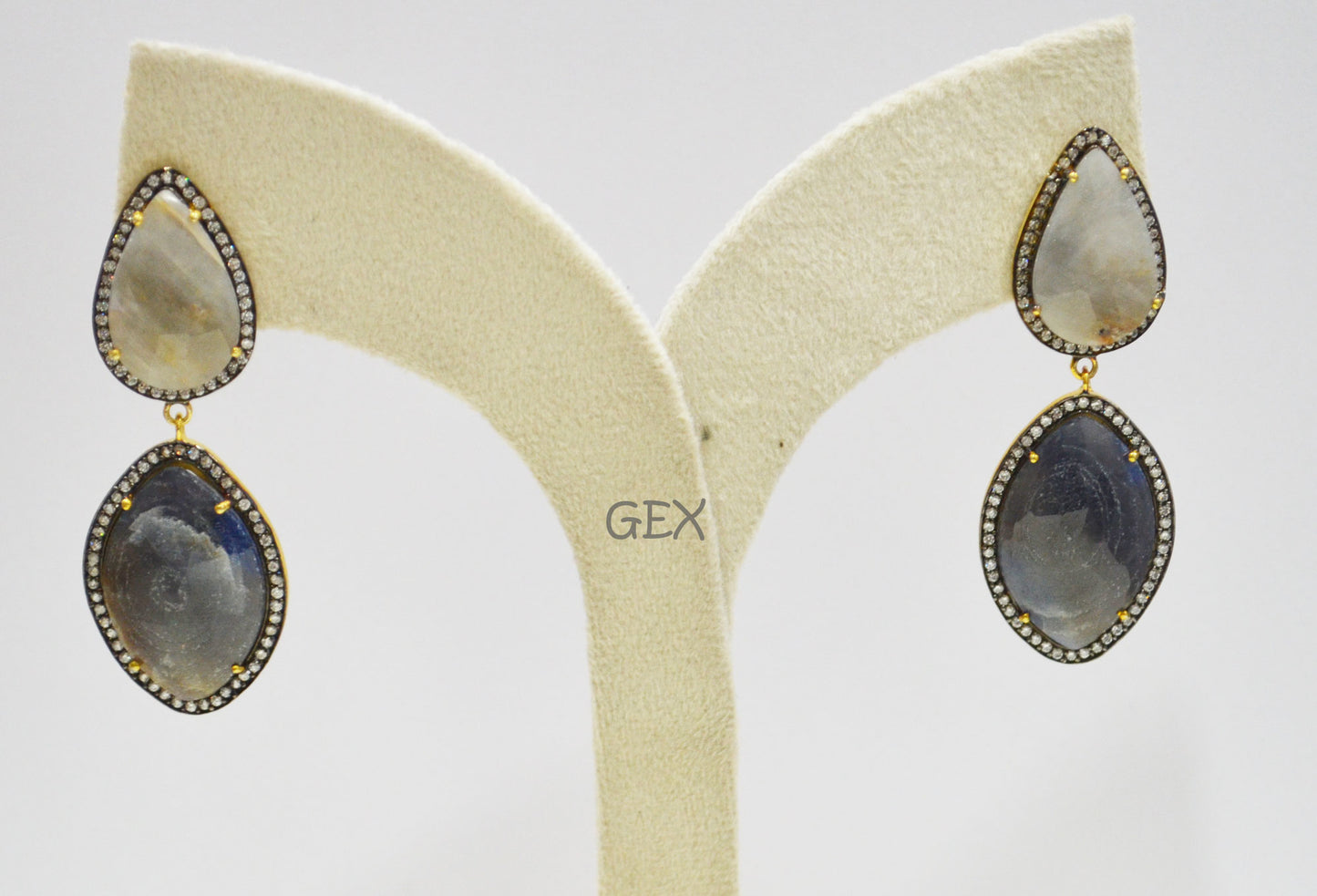 92.5 Sterling Silver Shaded Blue And White Sapphire Faceted Fancy Shape Earring , Shaded Blue And White Sapphire With Pave Cubic Zirconia Earring , 60 mm , E-013
