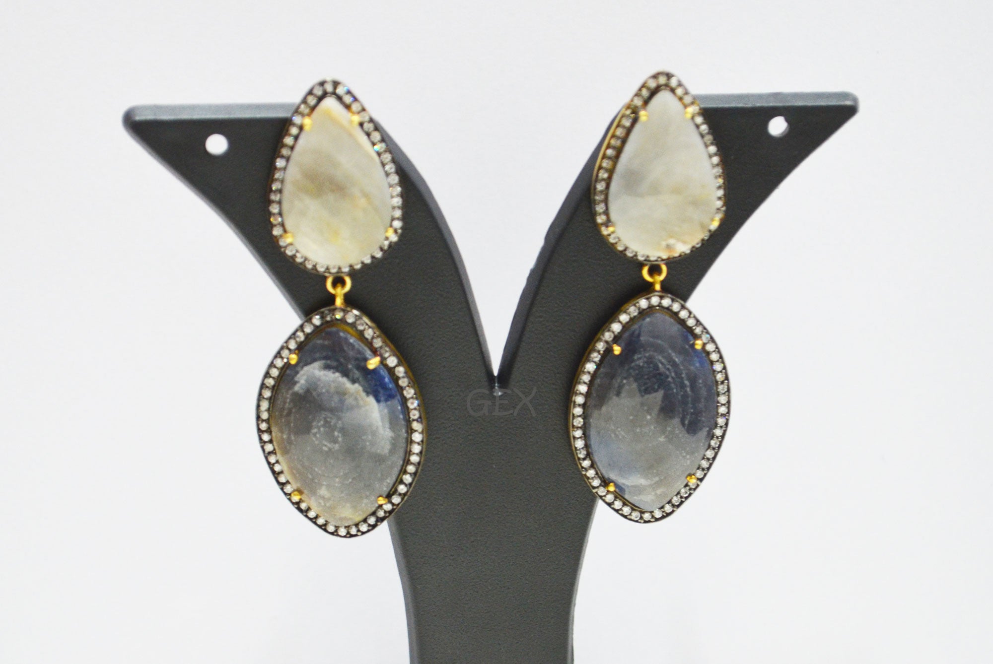 92.5 Sterling Silver Shaded Blue And White Sapphire Faceted Fancy Shape Earring , Shaded Blue And White Sapphire With Pave Cubic Zirconia Earring , 60 mm , E-013