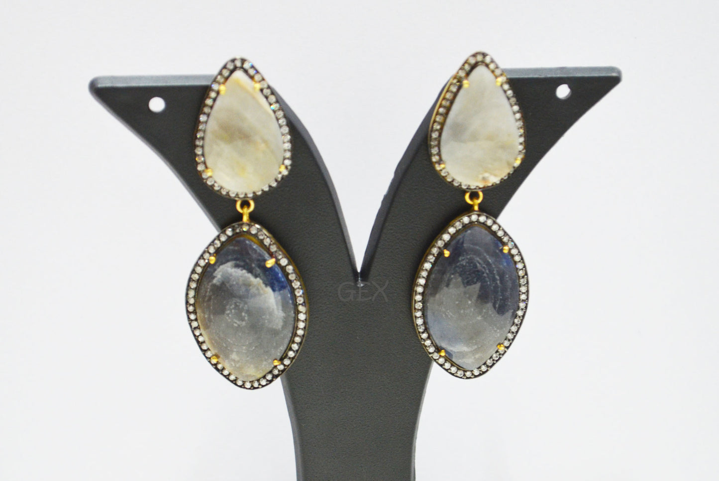 92.5 Sterling Silver Shaded Blue And White Sapphire Faceted Fancy Shape Earring , Shaded Blue And White Sapphire With Pave Cubic Zirconia Earring , 60 mm , E-013