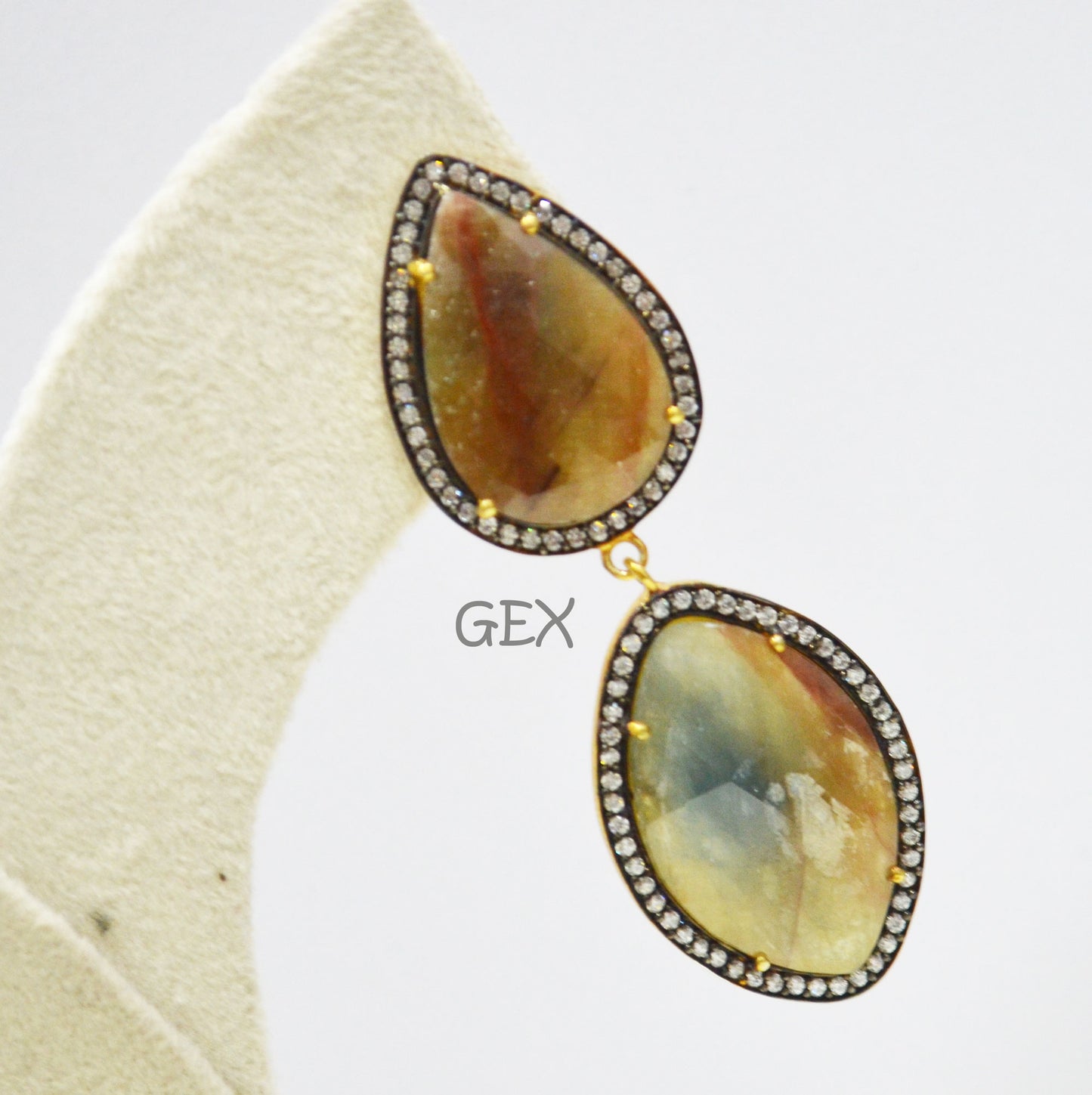 92.5 Sterling Silver Shaded Yellow Sapphire Faceted Fancy Shape Earring , Shaded Yellow Sapphire With Pave Cubic Zirconia Earring , 63 mm , E-014