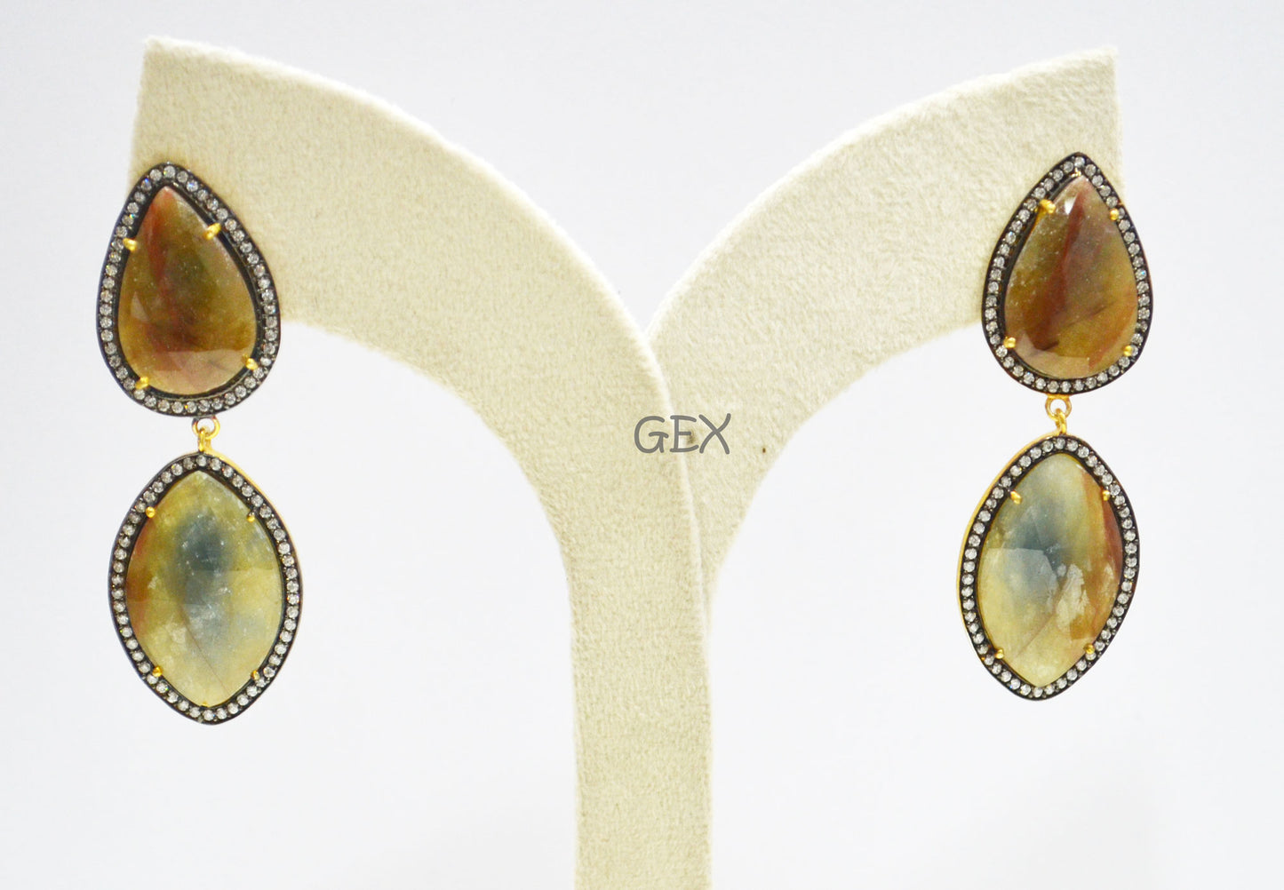92.5 Sterling Silver Shaded Yellow Sapphire Faceted Fancy Shape Earring , Shaded Yellow Sapphire With Pave Cubic Zirconia Earring , 63 mm , E-014