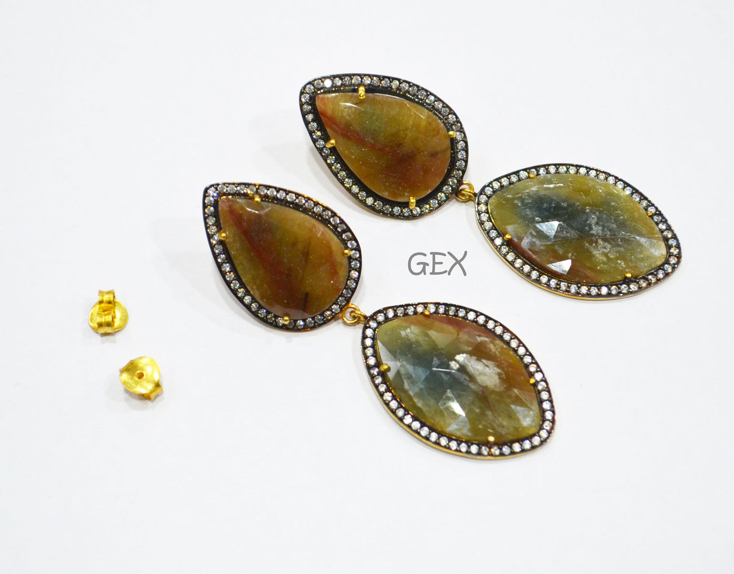 92.5 Sterling Silver Shaded Yellow Sapphire Faceted Fancy Shape Earring , Shaded Yellow Sapphire With Pave Cubic Zirconia Earring , 63 mm , E-014