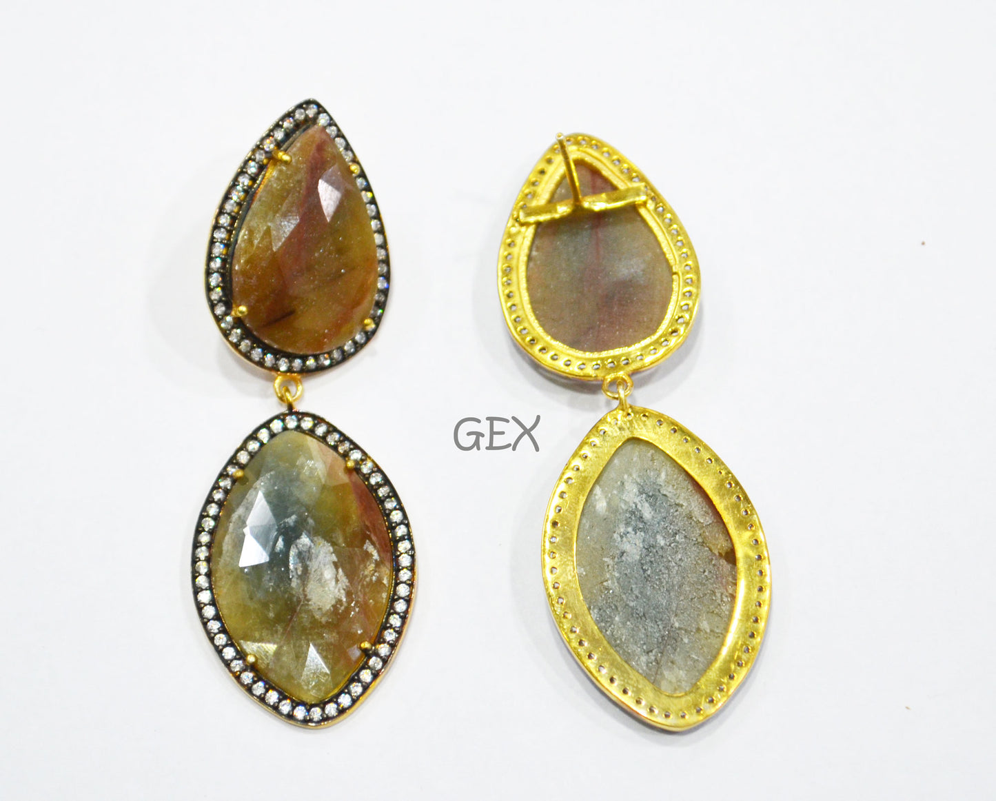 92.5 Sterling Silver Shaded Yellow Sapphire Faceted Fancy Shape Earring , Shaded Yellow Sapphire With Pave Cubic Zirconia Earring , 63 mm , E-014