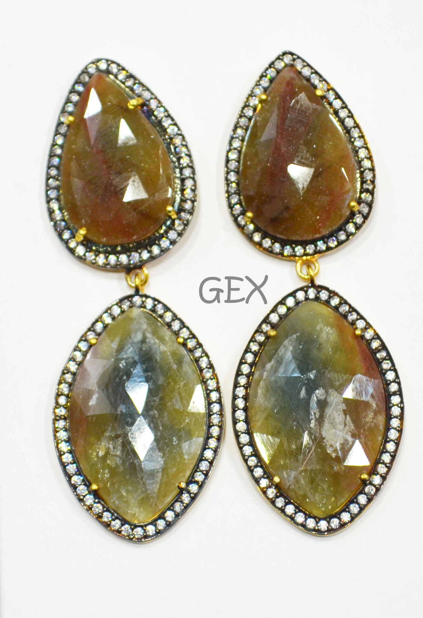 92.5 Sterling Silver Shaded Yellow Sapphire Faceted Fancy Shape Earring , Shaded Yellow Sapphire With Pave Cubic Zirconia Earring , 63 mm , E-014