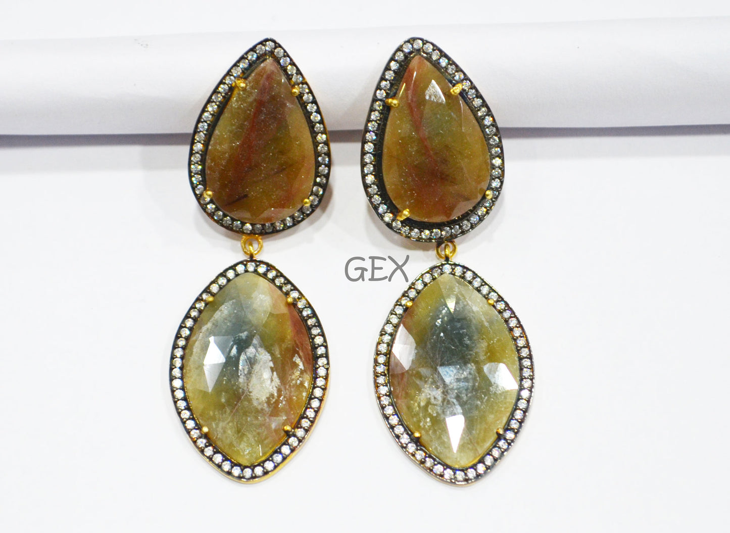 92.5 Sterling Silver Shaded Yellow Sapphire Faceted Fancy Shape Earring , Shaded Yellow Sapphire With Pave Cubic Zirconia Earring , 63 mm , E-014