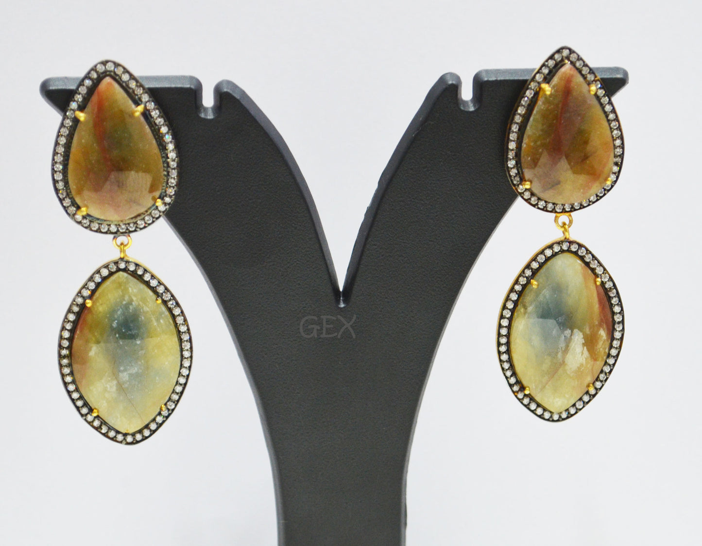 92.5 Sterling Silver Shaded Yellow Sapphire Faceted Fancy Shape Earring , Shaded Yellow Sapphire With Pave Cubic Zirconia Earring , 63 mm , E-014