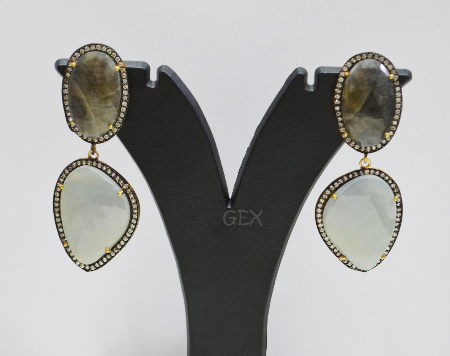 92.5 Sterling Silver Shaded Black And Aqua Blue Sapphire Faceted Fancy Shape Earring , Shaded Black And Aqua Blue Sapphire With Pave Cubic Zirconia Earring , 60 mm , E-015
