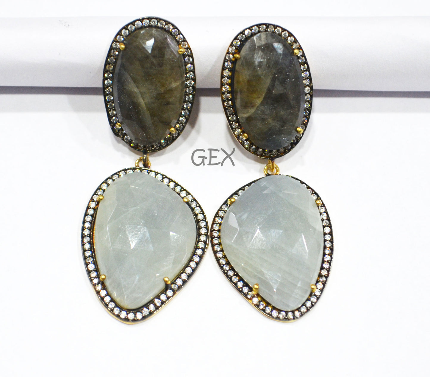 92.5 Sterling Silver Shaded Black And Aqua Blue Sapphire Faceted Fancy Shape Earring , Shaded Black And Aqua Blue Sapphire With Pave Cubic Zirconia Earring , 60 mm , E-015