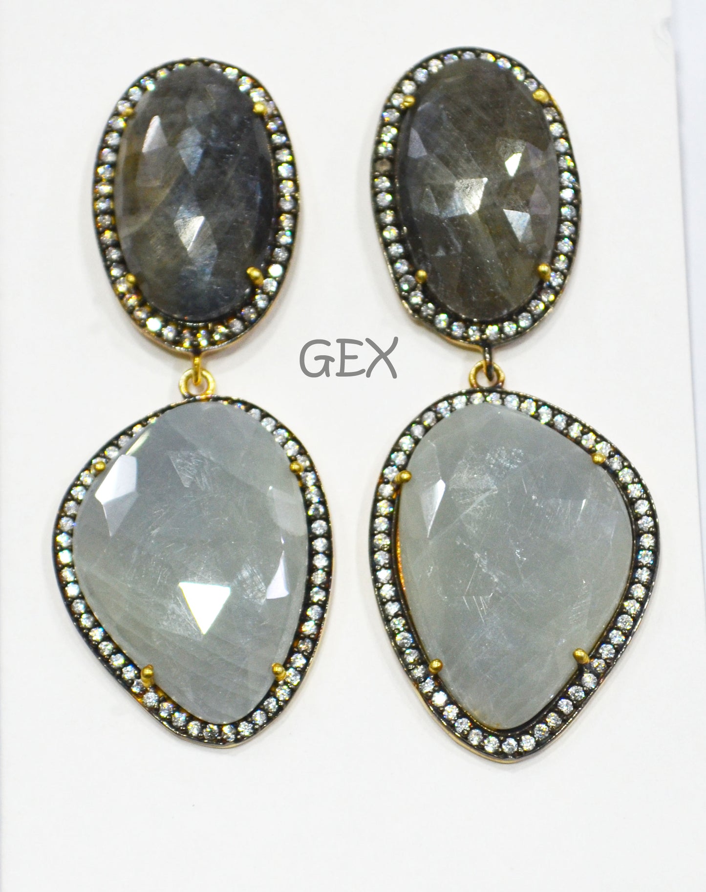 92.5 Sterling Silver Shaded Black And Aqua Blue Sapphire Faceted Fancy Shape Earring , Shaded Black And Aqua Blue Sapphire With Pave Cubic Zirconia Earring , 60 mm , E-015
