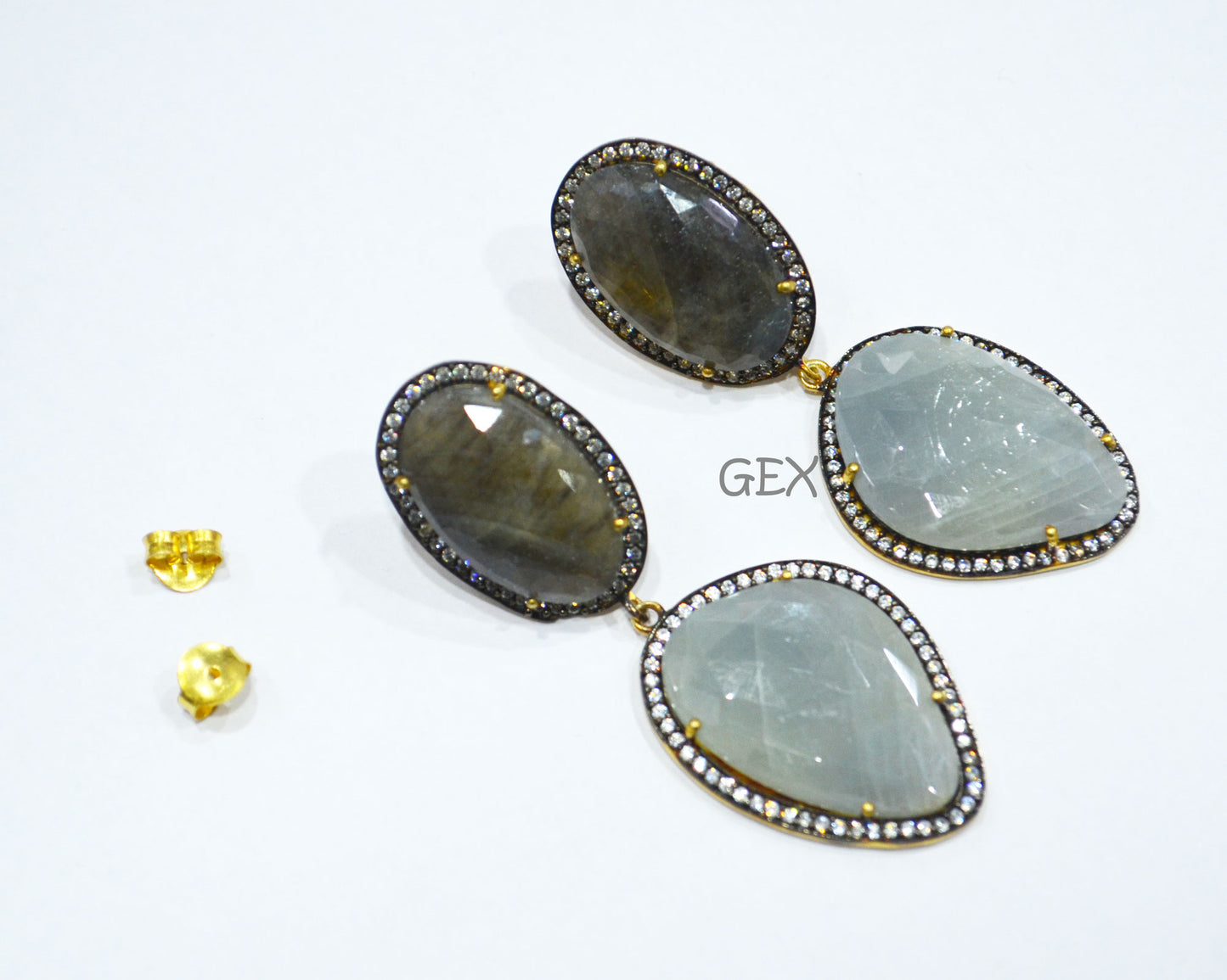 92.5 Sterling Silver Shaded Black And Aqua Blue Sapphire Faceted Fancy Shape Earring , Shaded Black And Aqua Blue Sapphire With Pave Cubic Zirconia Earring , 60 mm , E-015