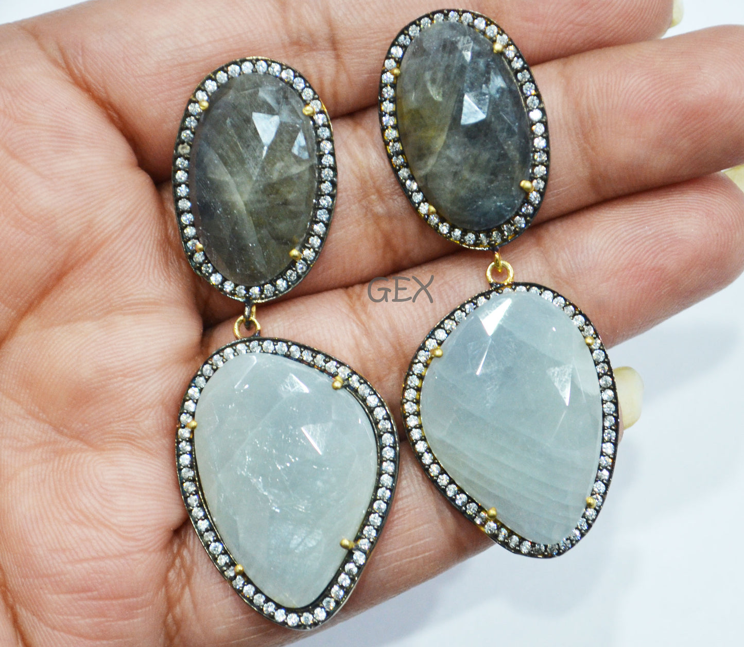 92.5 Sterling Silver Shaded Black And Aqua Blue Sapphire Faceted Fancy Shape Earring , Shaded Black And Aqua Blue Sapphire With Pave Cubic Zirconia Earring , 60 mm , E-015