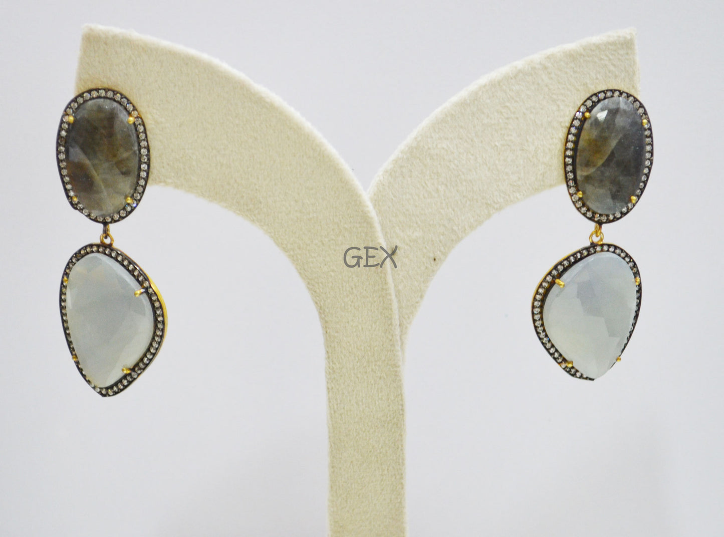 92.5 Sterling Silver Shaded Black And Aqua Blue Sapphire Faceted Fancy Shape Earring , Shaded Black And Aqua Blue Sapphire With Pave Cubic Zirconia Earring , 60 mm , E-015