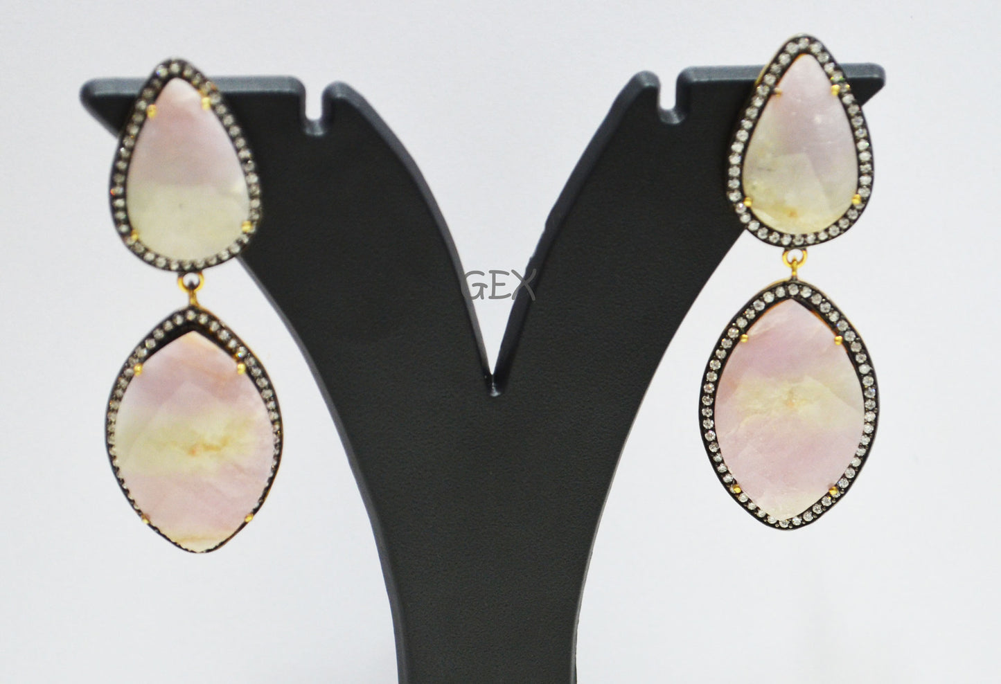 92.5 Sterling Silver Shaded White And Pink Sapphire Faceted Fancy Shape Earring , Shaded White And Pink Sapphire With Pave Cubic Zirconia Earring , 58 mm , E-016