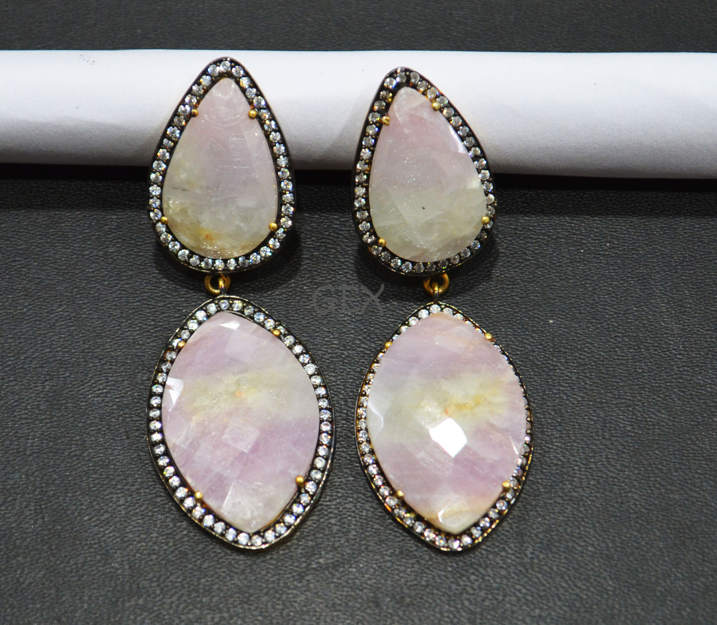 92.5 Sterling Silver Shaded White And Pink Sapphire Faceted Fancy Shape Earring , Shaded White And Pink Sapphire With Pave Cubic Zirconia Earring , 58 mm , E-016