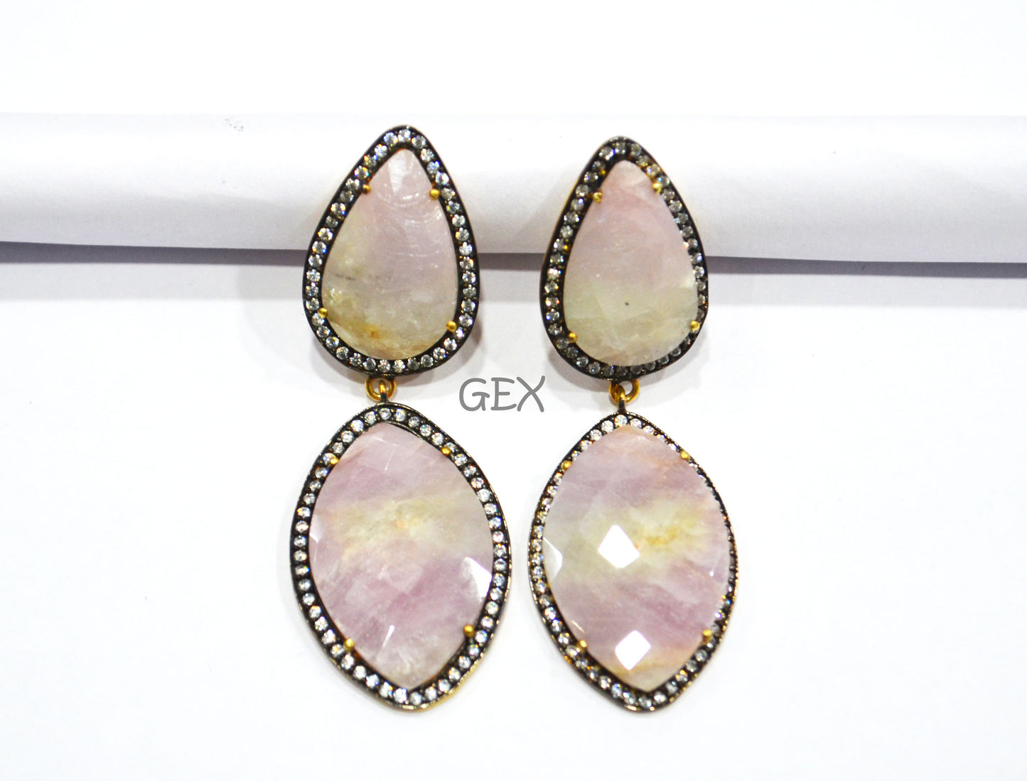 92.5 Sterling Silver Shaded White And Pink Sapphire Faceted Fancy Shape Earring , Shaded White And Pink Sapphire With Pave Cubic Zirconia Earring , 58 mm , E-016