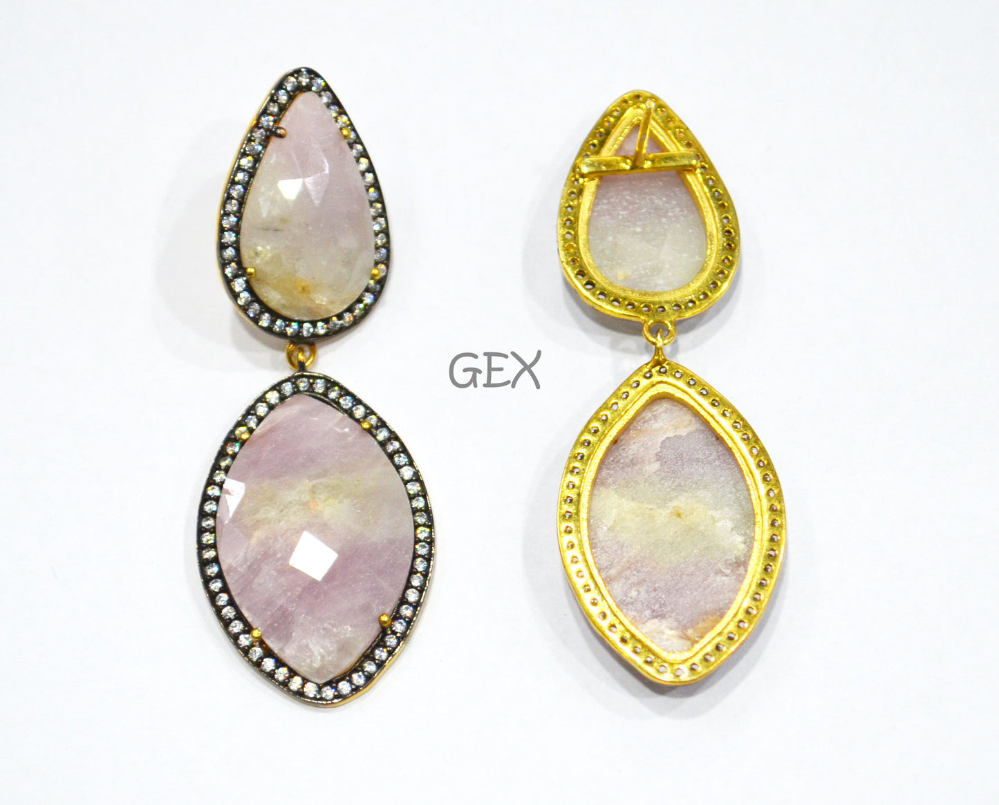 92.5 Sterling Silver Shaded White And Pink Sapphire Faceted Fancy Shape Earring , Shaded White And Pink Sapphire With Pave Cubic Zirconia Earring , 58 mm , E-016