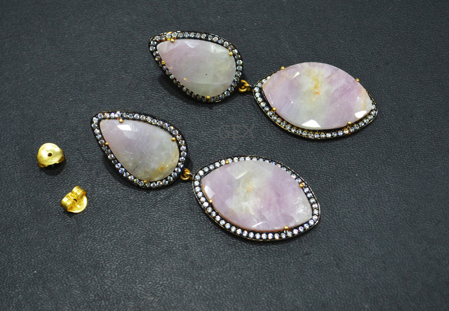 92.5 Sterling Silver Shaded White And Pink Sapphire Faceted Fancy Shape Earring , Shaded White And Pink Sapphire With Pave Cubic Zirconia Earring , 58 mm , E-016
