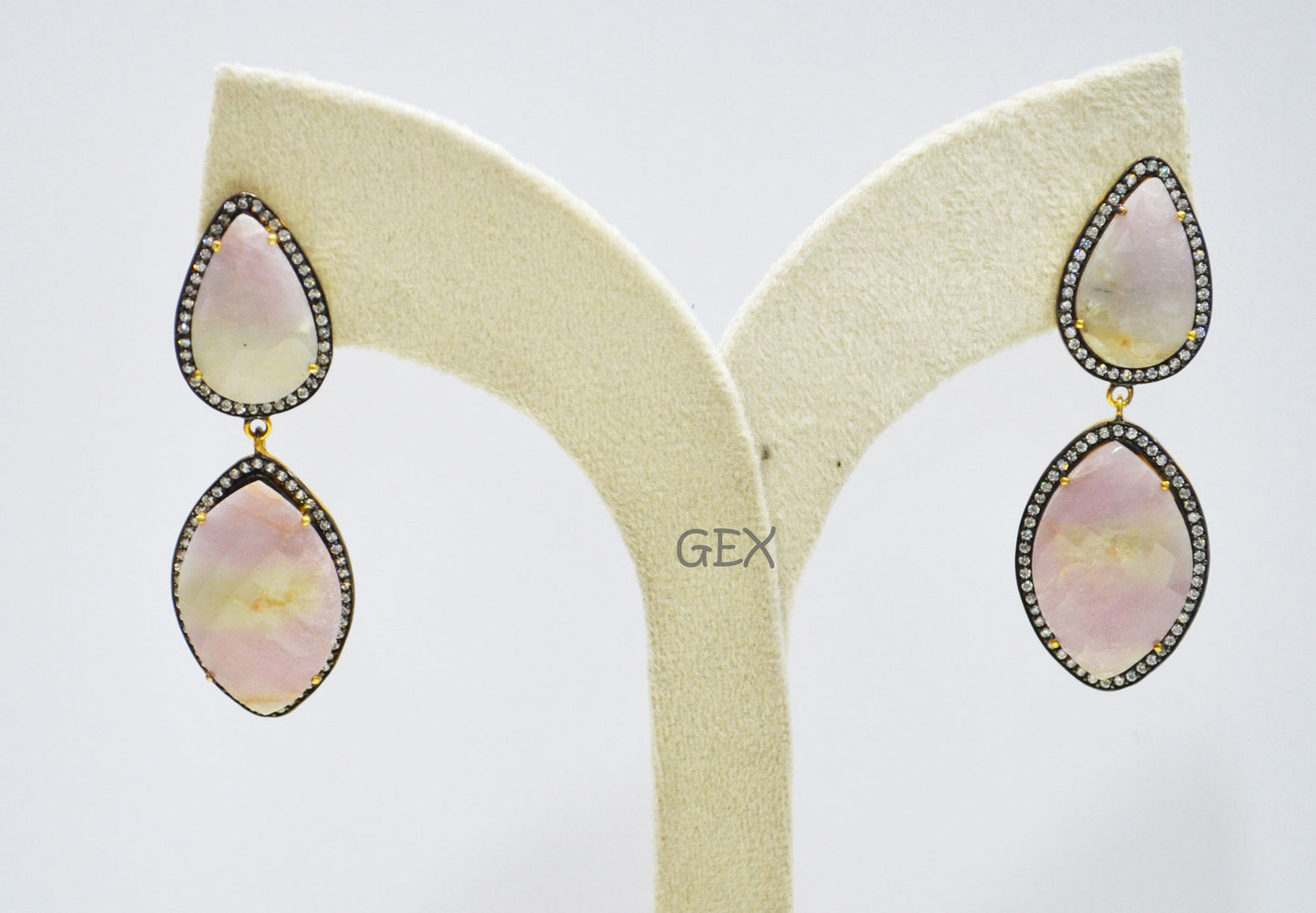 92.5 Sterling Silver Shaded White And Pink Sapphire Faceted Fancy Shape Earring , Shaded White And Pink Sapphire With Pave Cubic Zirconia Earring , 58 mm , E-016