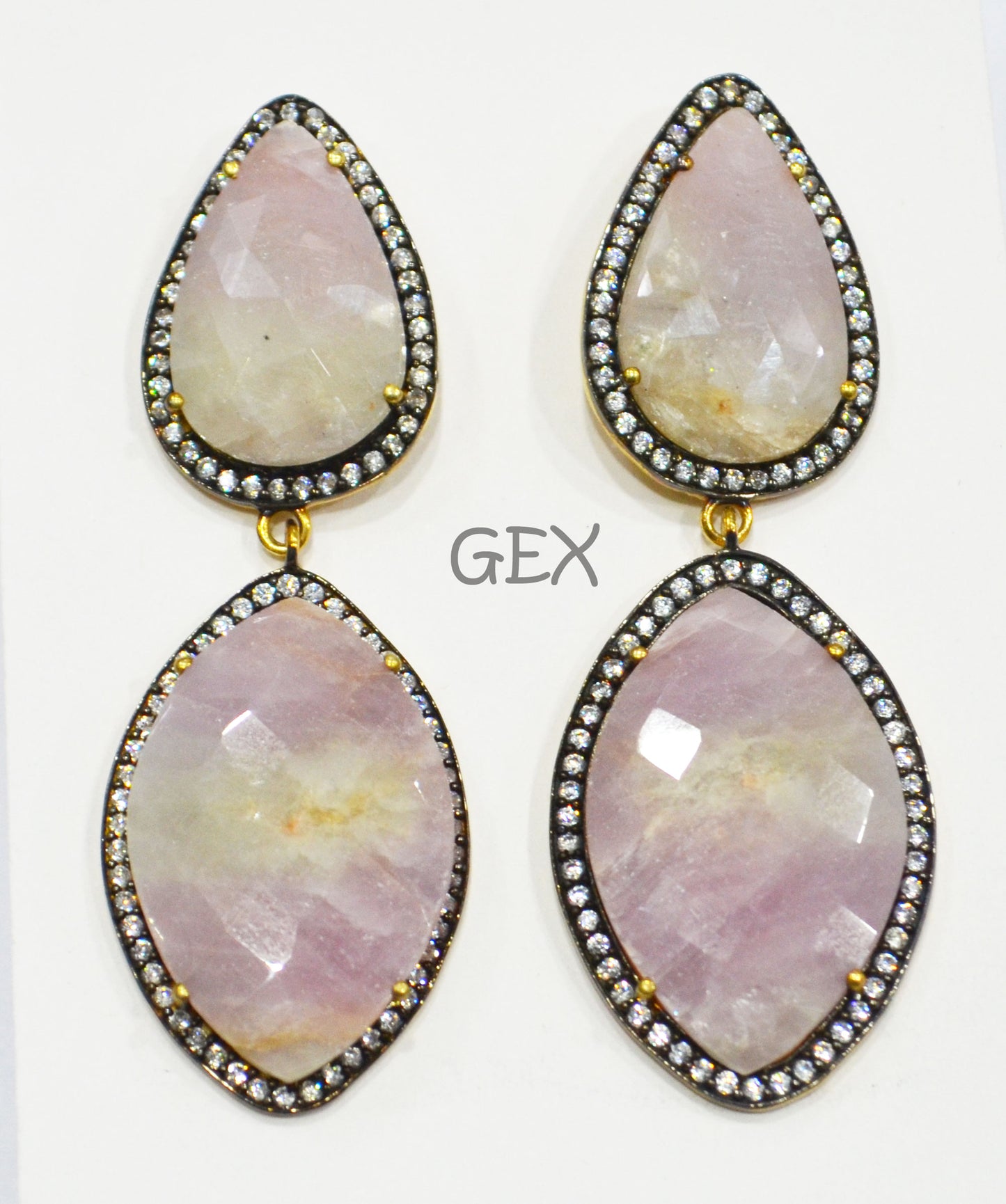 92.5 Sterling Silver Shaded White And Pink Sapphire Faceted Fancy Shape Earring , Shaded White And Pink Sapphire With Pave Cubic Zirconia Earring , 58 mm , E-016