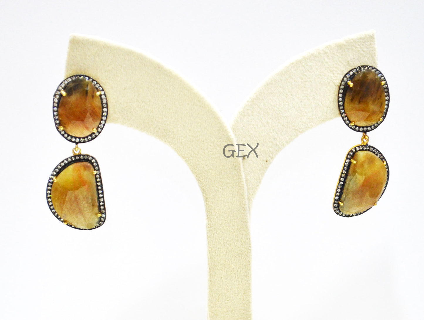 92.5 Sterling Silver Shaded Yellow Sapphire Faceted Fancy Shape Earring , Shaded Yellow Sapphire With Pave Cubic Zirconia Earring , 55 mm , E-017