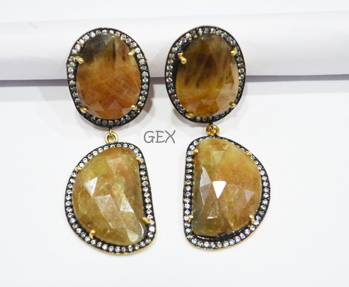 92.5 Sterling Silver Shaded Yellow Sapphire Faceted Fancy Shape Earring , Shaded Yellow Sapphire With Pave Cubic Zirconia Earring , 55 mm , E-017