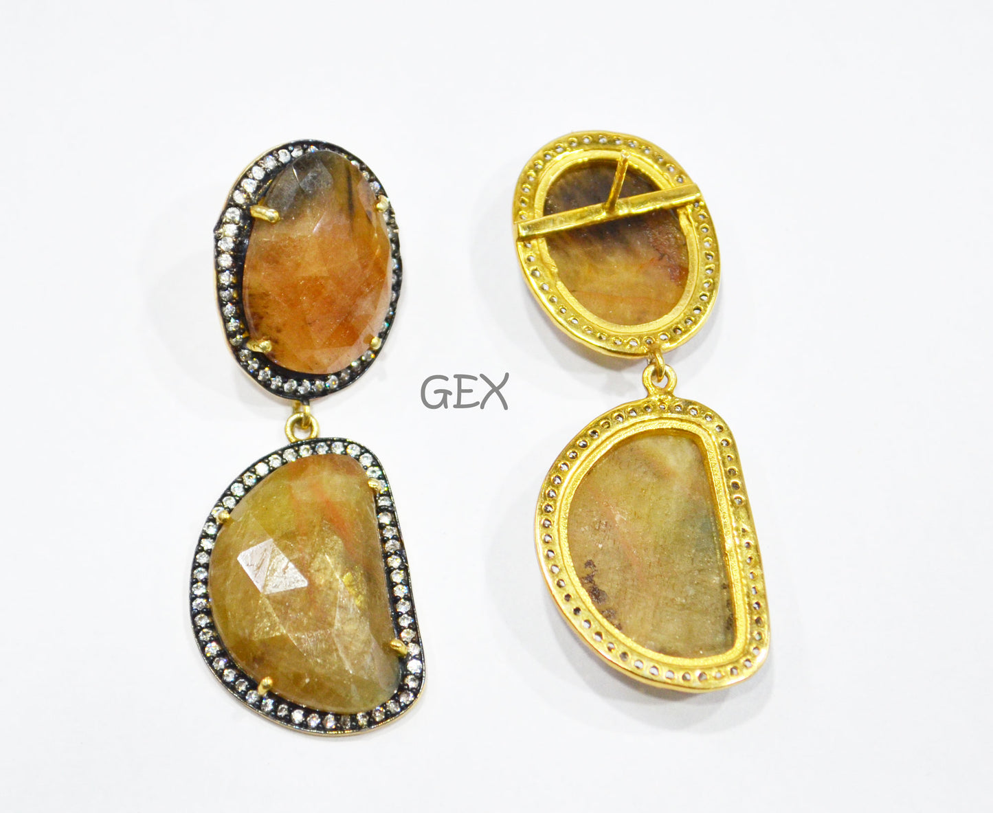 92.5 Sterling Silver Shaded Yellow Sapphire Faceted Fancy Shape Earring , Shaded Yellow Sapphire With Pave Cubic Zirconia Earring , 55 mm , E-017