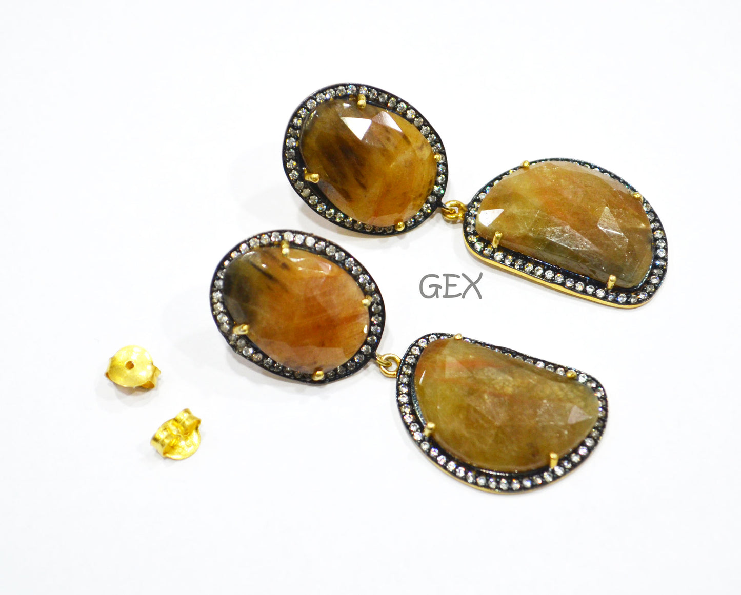 92.5 Sterling Silver Shaded Yellow Sapphire Faceted Fancy Shape Earring , Shaded Yellow Sapphire With Pave Cubic Zirconia Earring , 55 mm , E-017