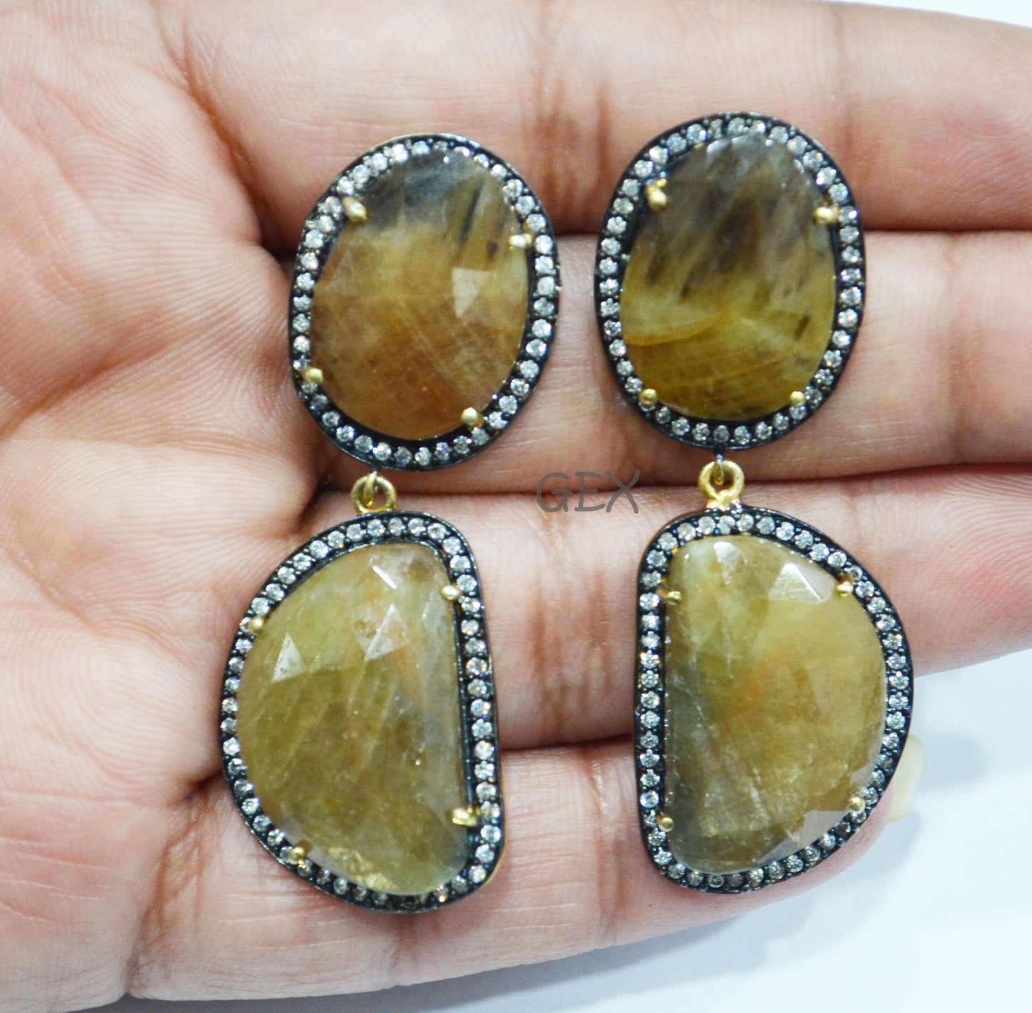 92.5 Sterling Silver Shaded Yellow Sapphire Faceted Fancy Shape Earring , Shaded Yellow Sapphire With Pave Cubic Zirconia Earring , 55 mm , E-017