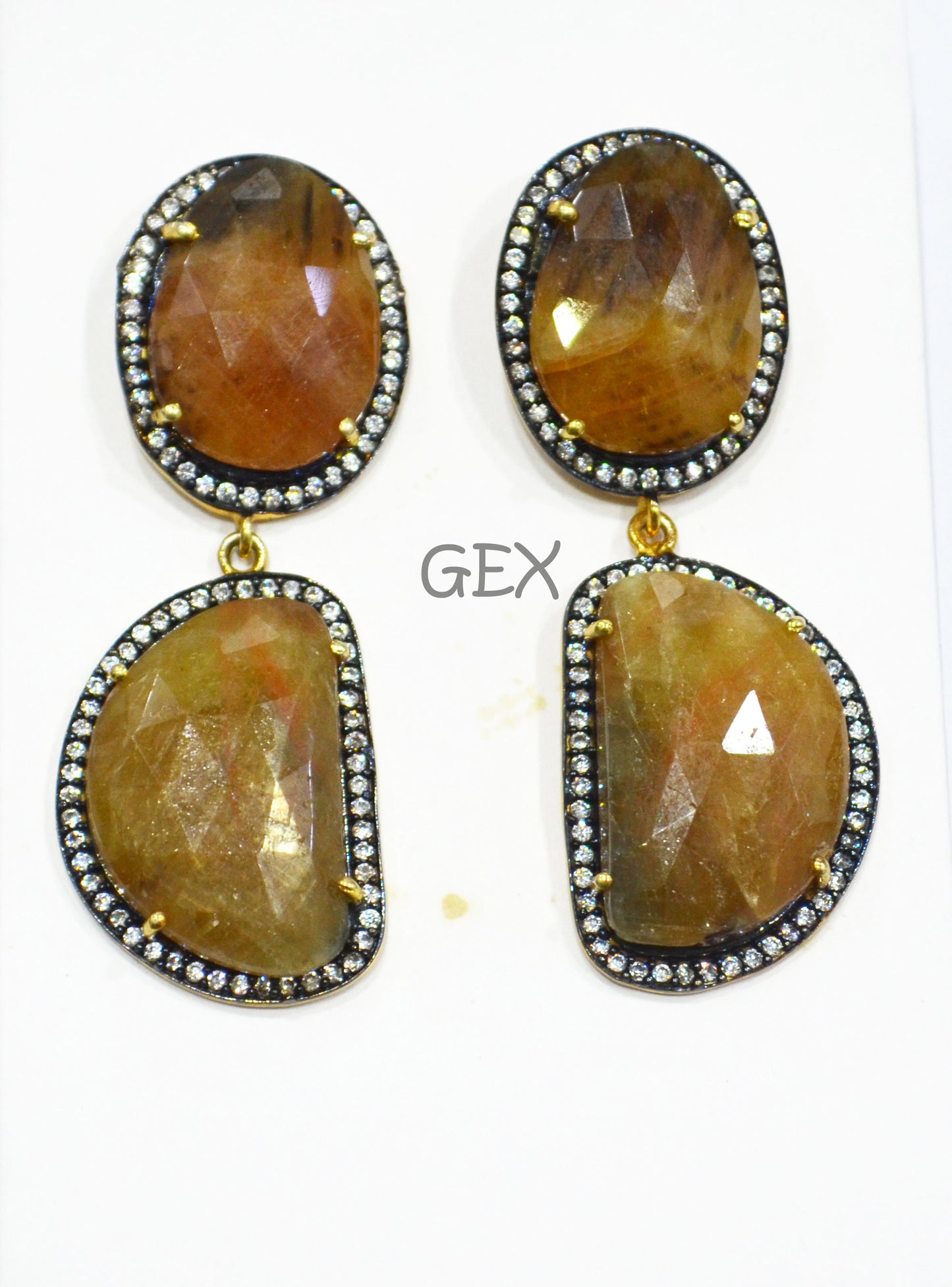 92.5 Sterling Silver Shaded Yellow Sapphire Faceted Fancy Shape Earring , Shaded Yellow Sapphire With Pave Cubic Zirconia Earring , 55 mm , E-017