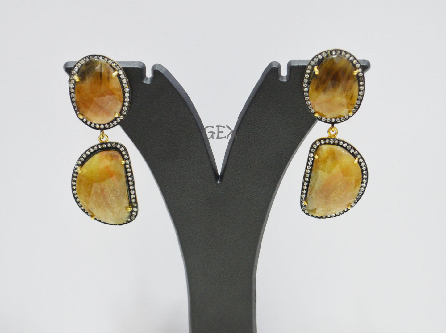 92.5 Sterling Silver Shaded Yellow Sapphire Faceted Fancy Shape Earring , Shaded Yellow Sapphire With Pave Cubic Zirconia Earring , 55 mm , E-017