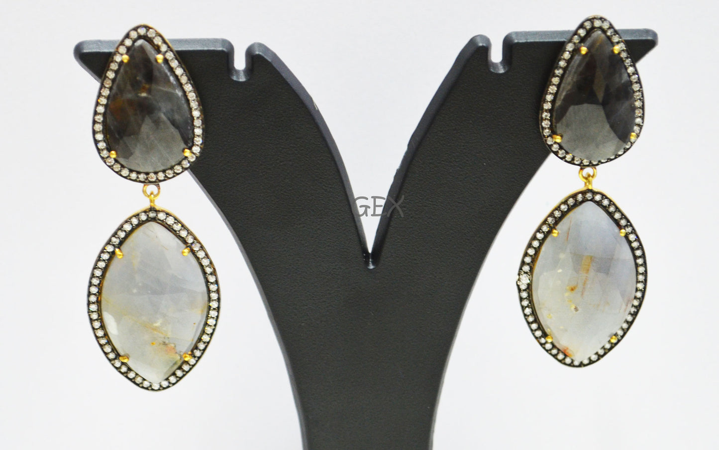 92.5 Sterling Silver Shaded Black And Gray Sapphire Faceted Fancy Shape Earring , Shaded Black And Gray Sapphire With Pave Cubic Zirconia Earring , 59 mm , E-018