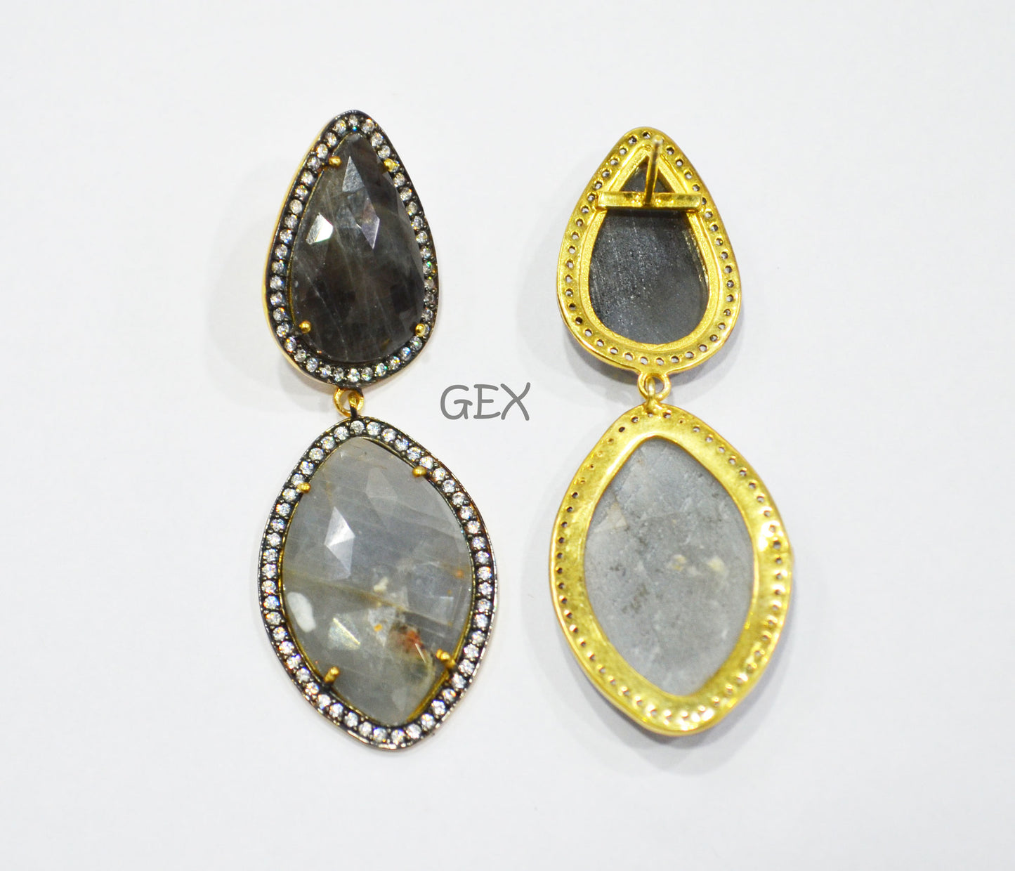 92.5 Sterling Silver Shaded Black And Gray Sapphire Faceted Fancy Shape Earring , Shaded Black And Gray Sapphire With Pave Cubic Zirconia Earring , 59 mm , E-018