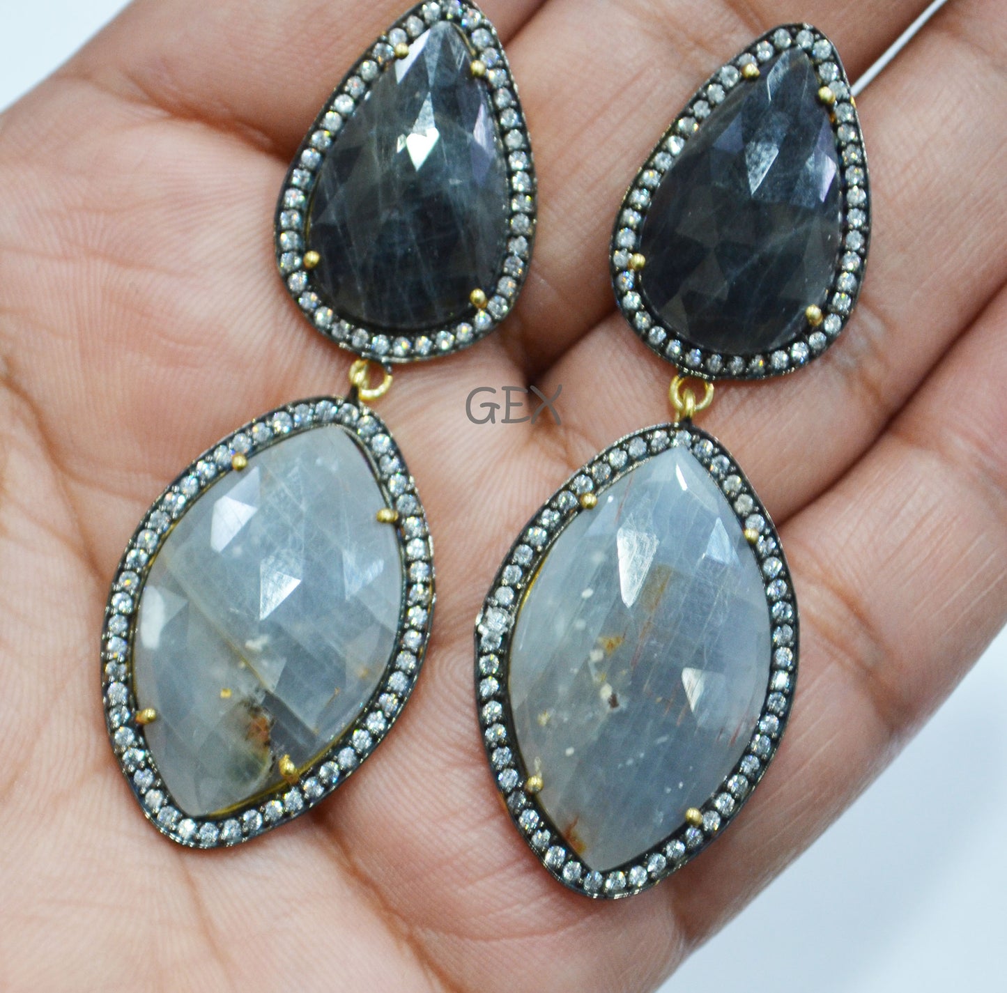 92.5 Sterling Silver Shaded Black And Gray Sapphire Faceted Fancy Shape Earring , Shaded Black And Gray Sapphire With Pave Cubic Zirconia Earring , 59 mm , E-018