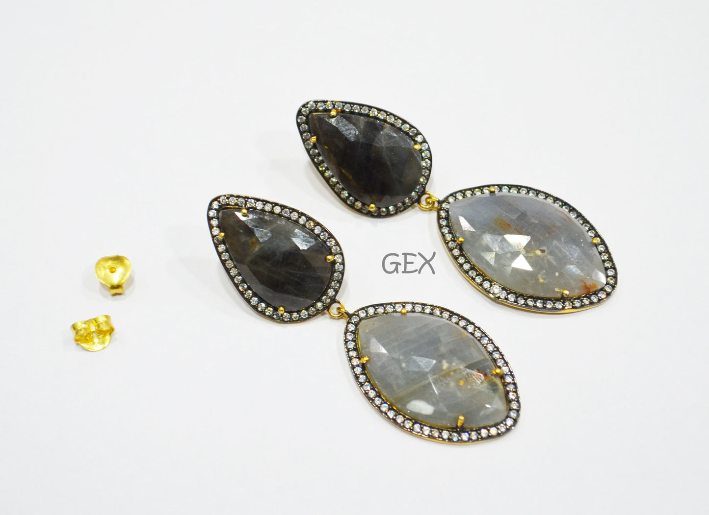 92.5 Sterling Silver Shaded Black And Gray Sapphire Faceted Fancy Shape Earring , Shaded Black And Gray Sapphire With Pave Cubic Zirconia Earring , 59 mm , E-018
