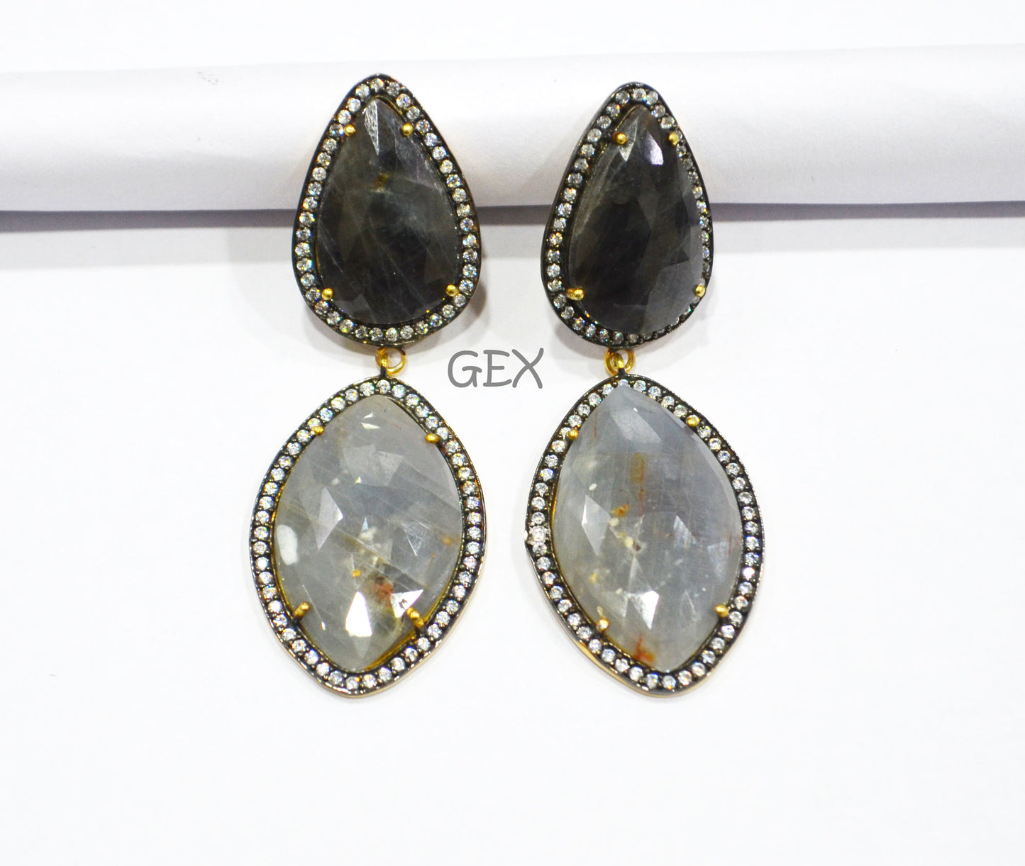 92.5 Sterling Silver Shaded Black And Gray Sapphire Faceted Fancy Shape Earring , Shaded Black And Gray Sapphire With Pave Cubic Zirconia Earring , 59 mm , E-018