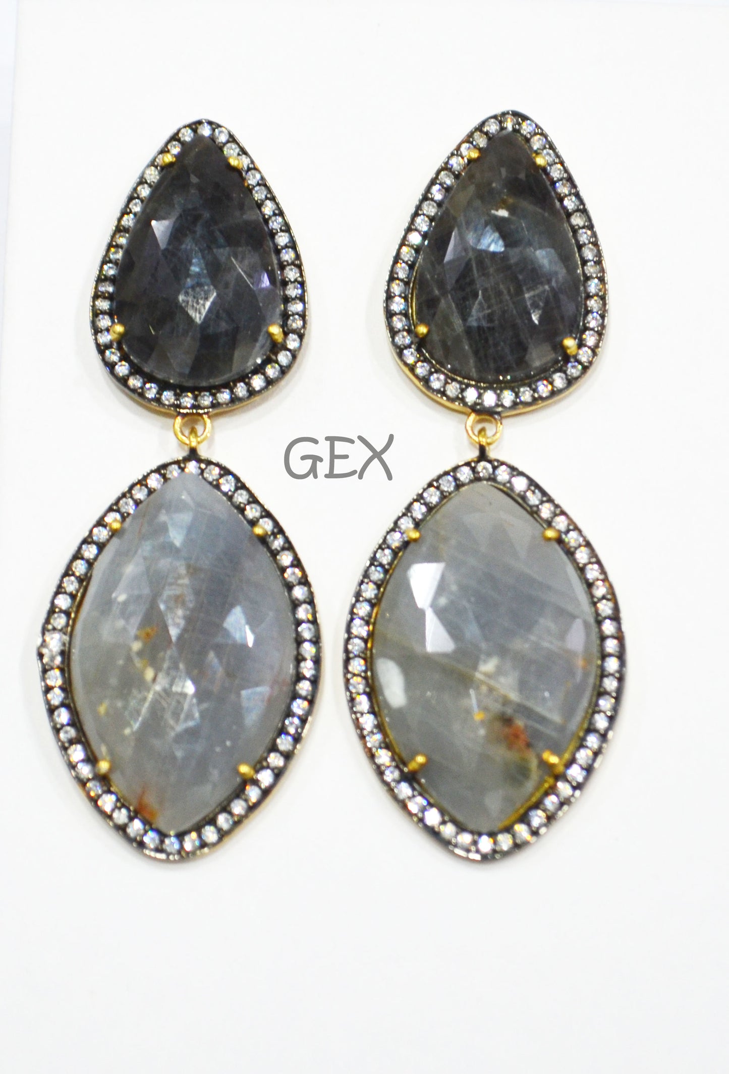 92.5 Sterling Silver Shaded Black And Gray Sapphire Faceted Fancy Shape Earring , Shaded Black And Gray Sapphire With Pave Cubic Zirconia Earring , 59 mm , E-018