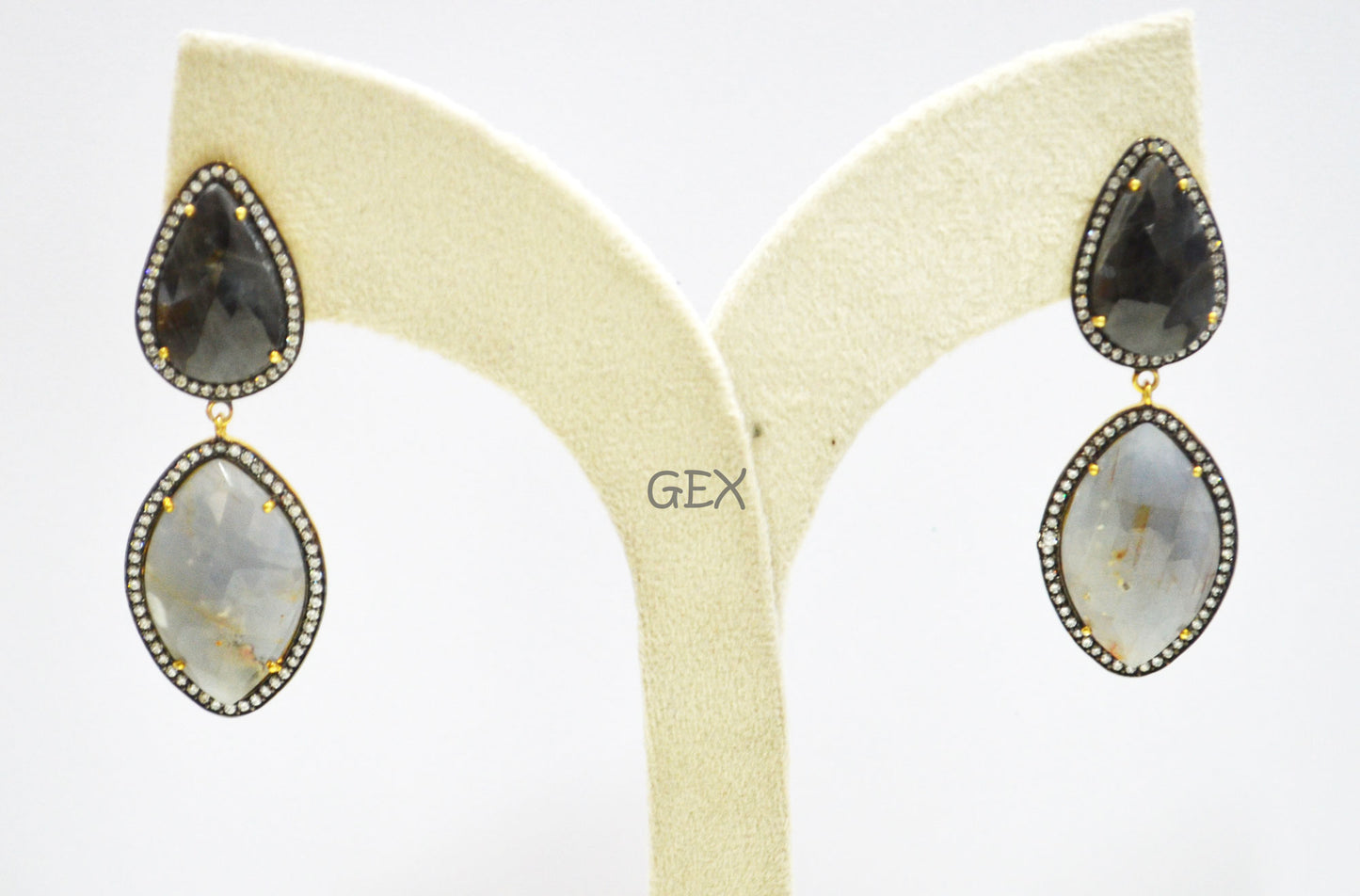 92.5 Sterling Silver Shaded Black And Gray Sapphire Faceted Fancy Shape Earring , Shaded Black And Gray Sapphire With Pave Cubic Zirconia Earring , 59 mm , E-018