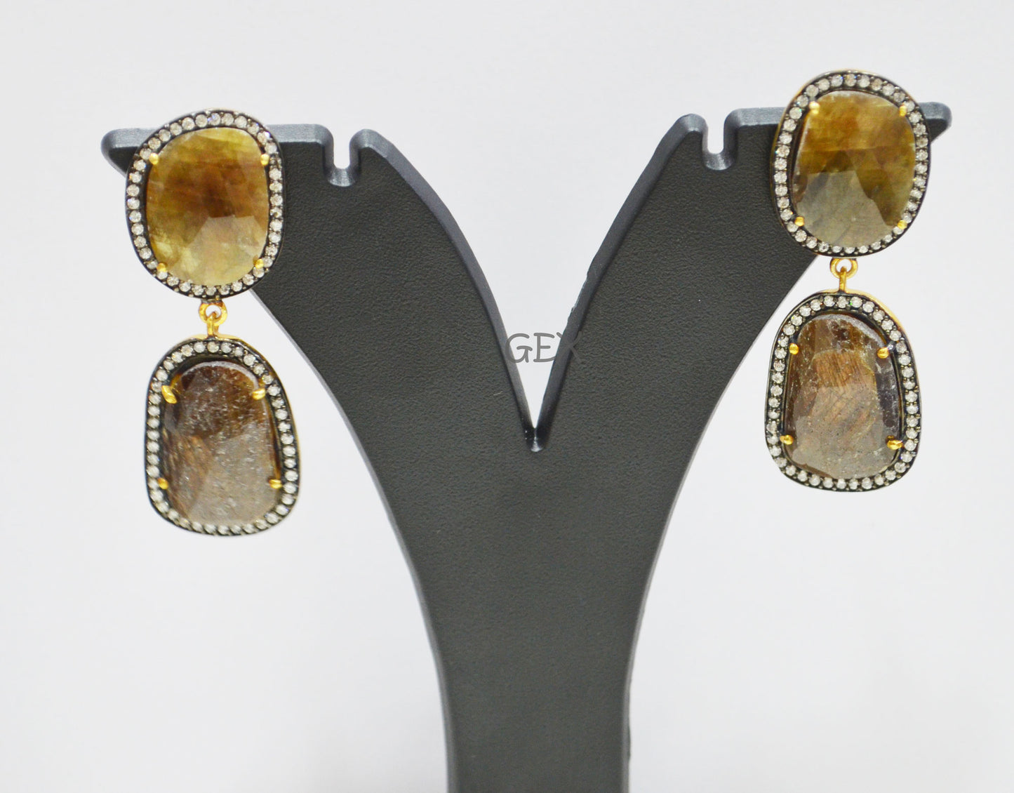 92.5 Sterling Silver Shaded Brown Sapphire Faceted Fancy Shape Earring , Shaded Brown Sapphire With Pave Cubic Zirconia Earring , 50 mm , E-019