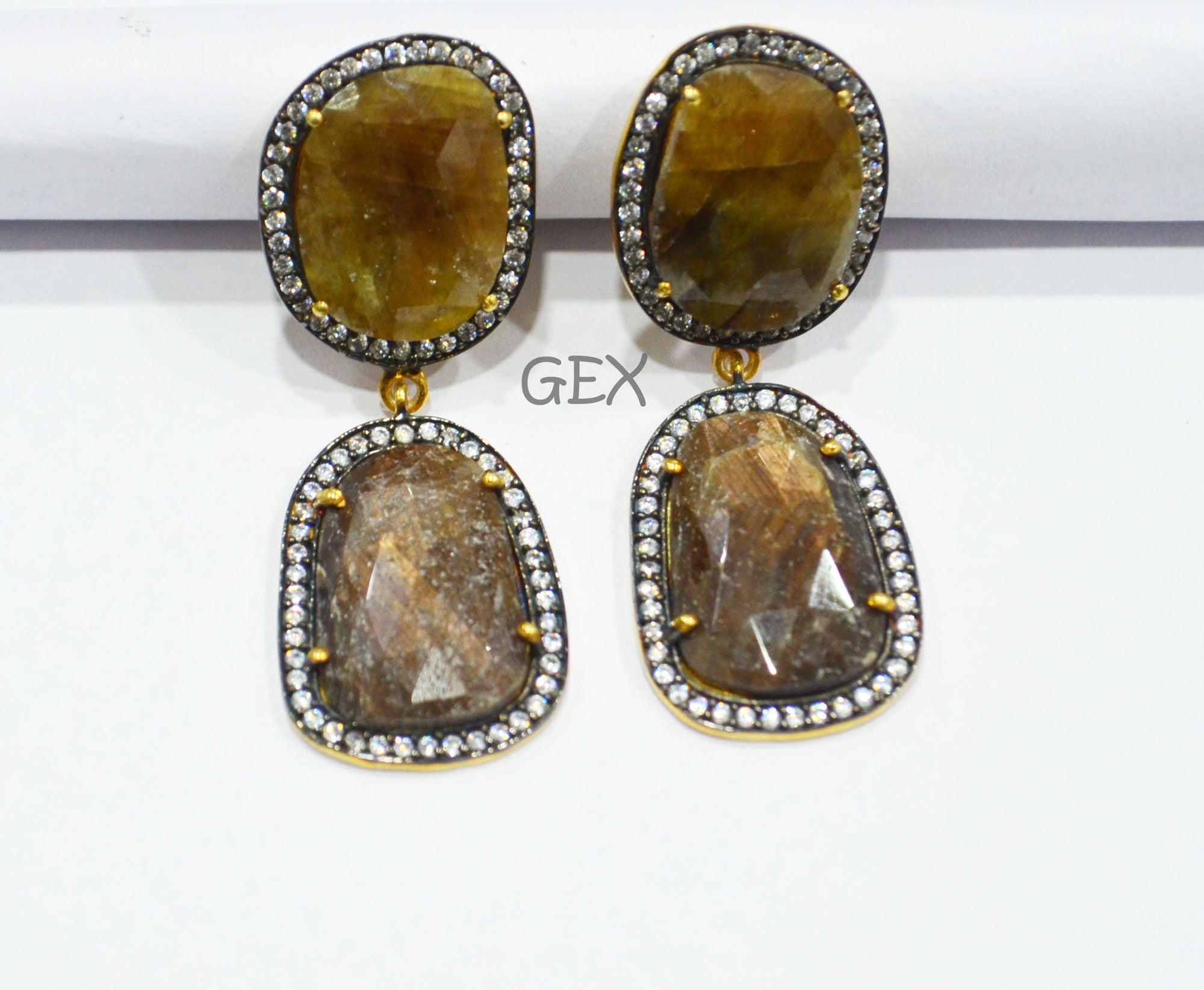 92.5 Sterling Silver Shaded Brown Sapphire Faceted Fancy Shape Earring , Shaded Brown Sapphire With Pave Cubic Zirconia Earring , 50 mm , E-019
