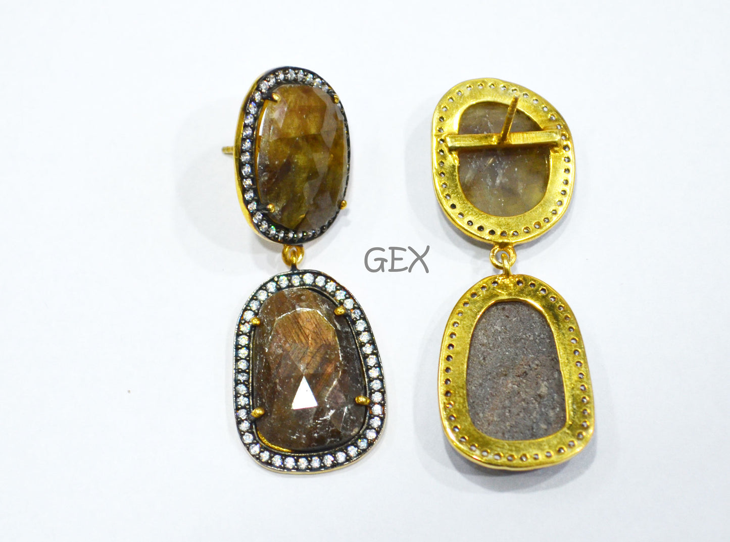 92.5 Sterling Silver Shaded Brown Sapphire Faceted Fancy Shape Earring , Shaded Brown Sapphire With Pave Cubic Zirconia Earring , 50 mm , E-019