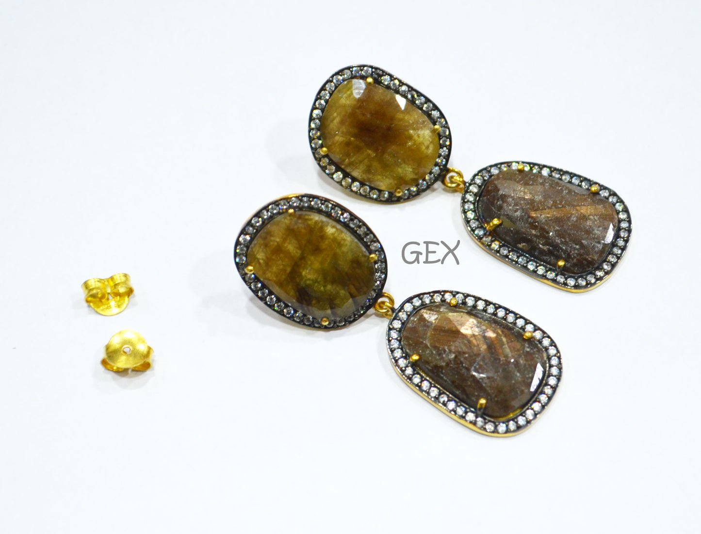 92.5 Sterling Silver Shaded Brown Sapphire Faceted Fancy Shape Earring , Shaded Brown Sapphire With Pave Cubic Zirconia Earring , 50 mm , E-019