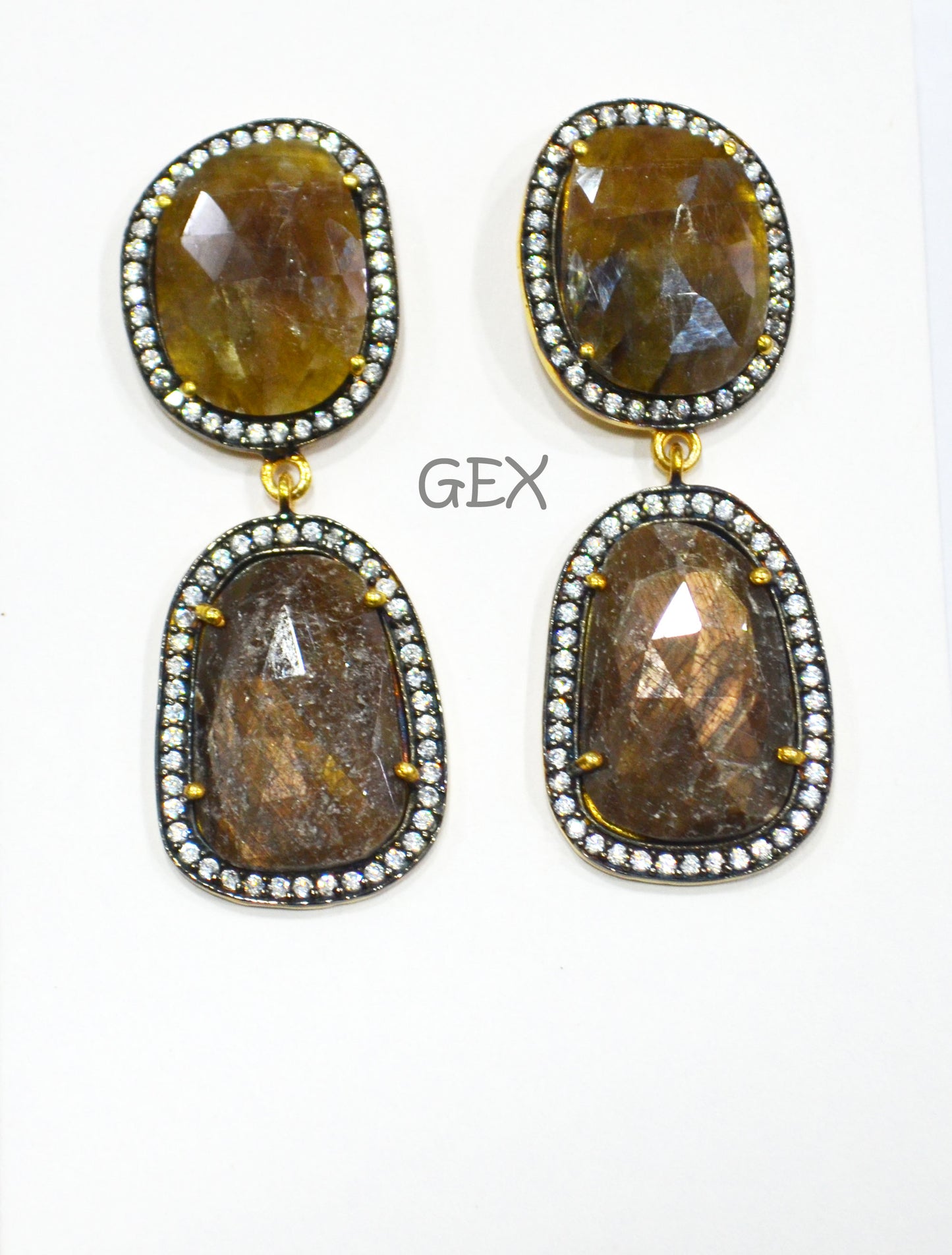 92.5 Sterling Silver Shaded Brown Sapphire Faceted Fancy Shape Earring , Shaded Brown Sapphire With Pave Cubic Zirconia Earring , 50 mm , E-019