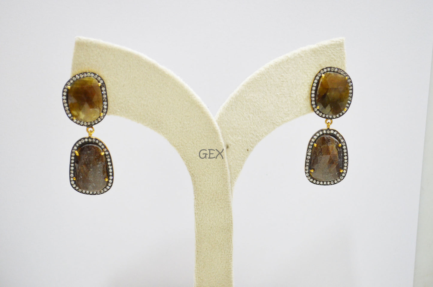 92.5 Sterling Silver Shaded Brown Sapphire Faceted Fancy Shape Earring , Shaded Brown Sapphire With Pave Cubic Zirconia Earring , 50 mm , E-019