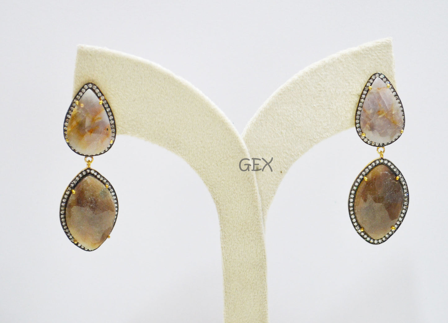92.5 Sterling Silver Shaded Brown And Gray Sapphire Faceted Fancy Shape Earring , Shaded Brown And Gray Sapphire With Pave Cubic Zirconia Earring , 60 mm , E-020