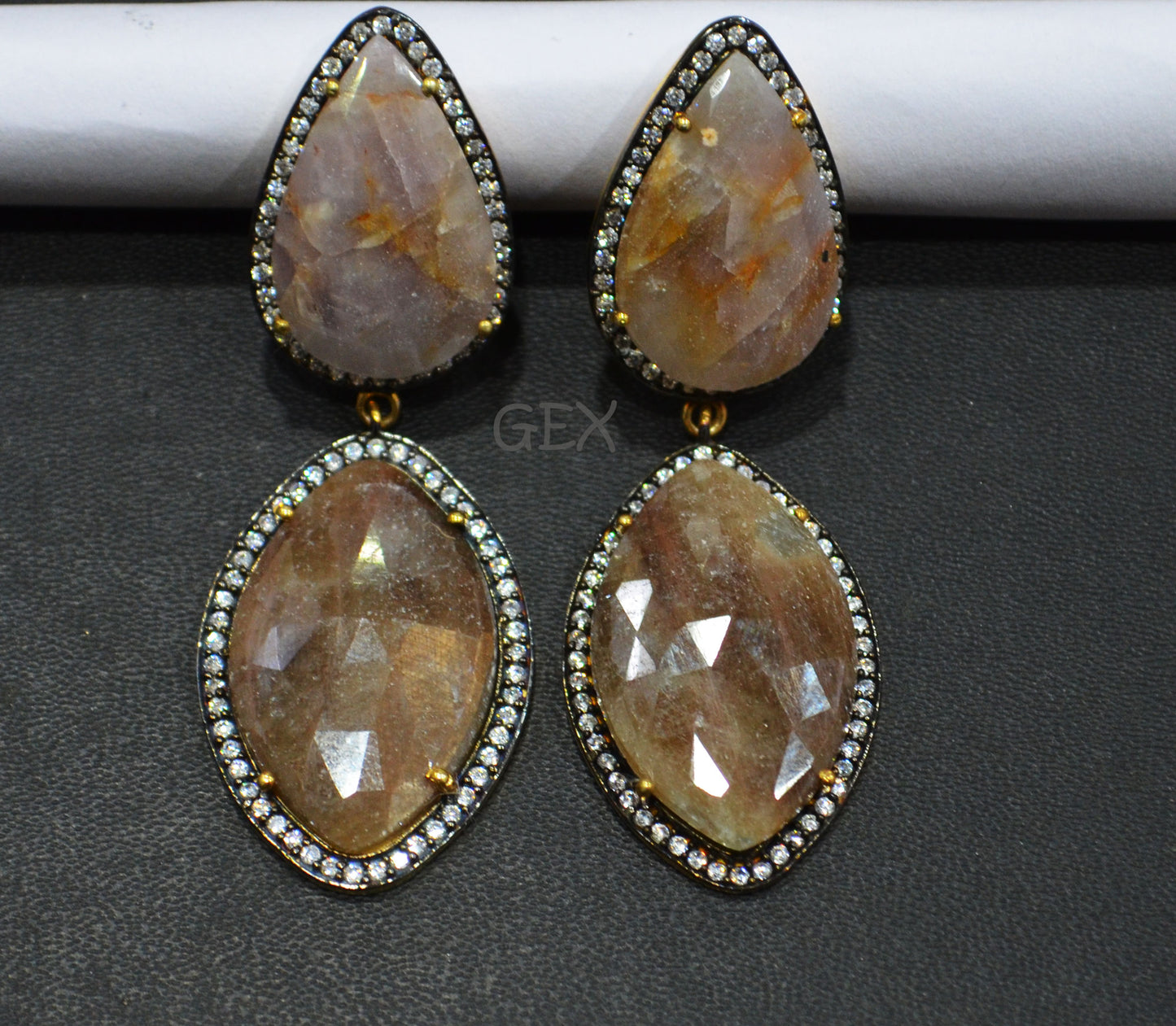 92.5 Sterling Silver Shaded Brown And Gray Sapphire Faceted Fancy Shape Earring , Shaded Brown And Gray Sapphire With Pave Cubic Zirconia Earring , 60 mm , E-020