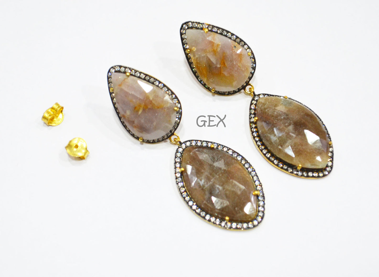 92.5 Sterling Silver Shaded Brown And Gray Sapphire Faceted Fancy Shape Earring , Shaded Brown And Gray Sapphire With Pave Cubic Zirconia Earring , 60 mm , E-020