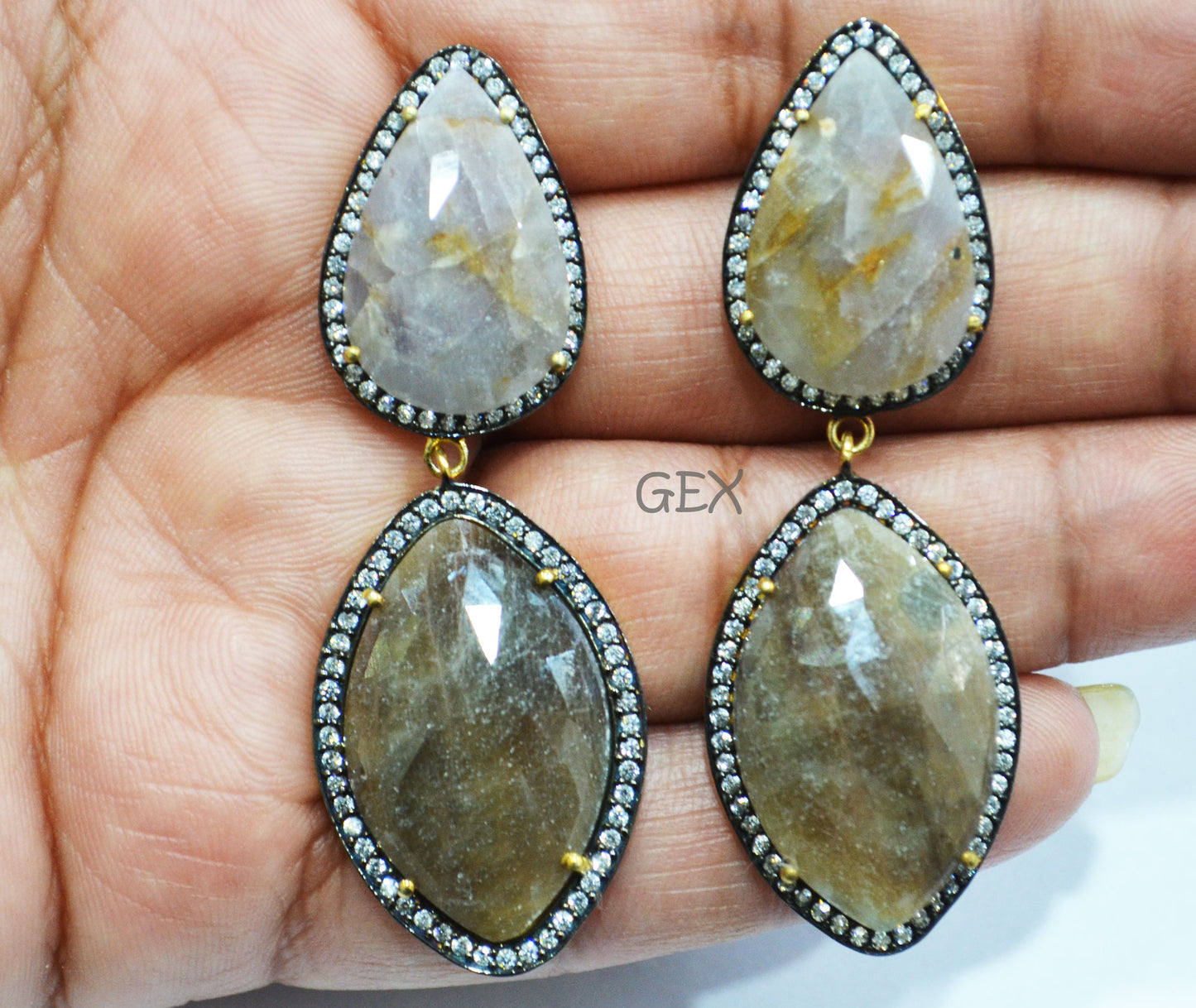92.5 Sterling Silver Shaded Brown And Gray Sapphire Faceted Fancy Shape Earring , Shaded Brown And Gray Sapphire With Pave Cubic Zirconia Earring , 60 mm , E-020